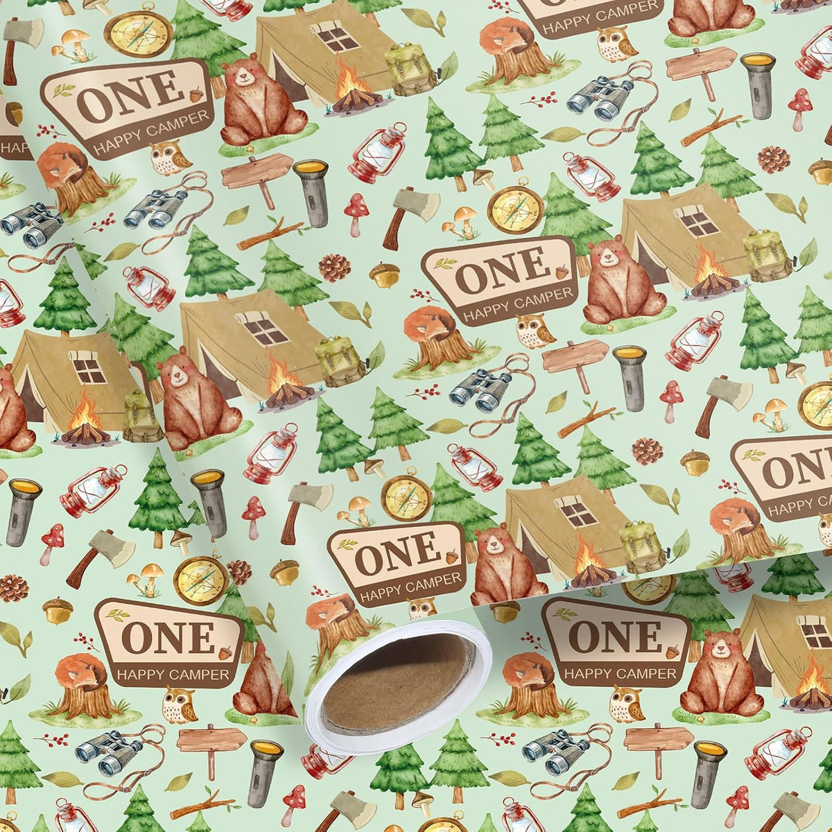 Camping 1St Birthday Wrapping Paper Roll For Boy, One Happy Camper Gift Wrap Paper With Tent Bear, 1 Year Old Gift Art Packing Paper For Baby Shower First Birthday'S Party, 17Inch X 16.5Feet