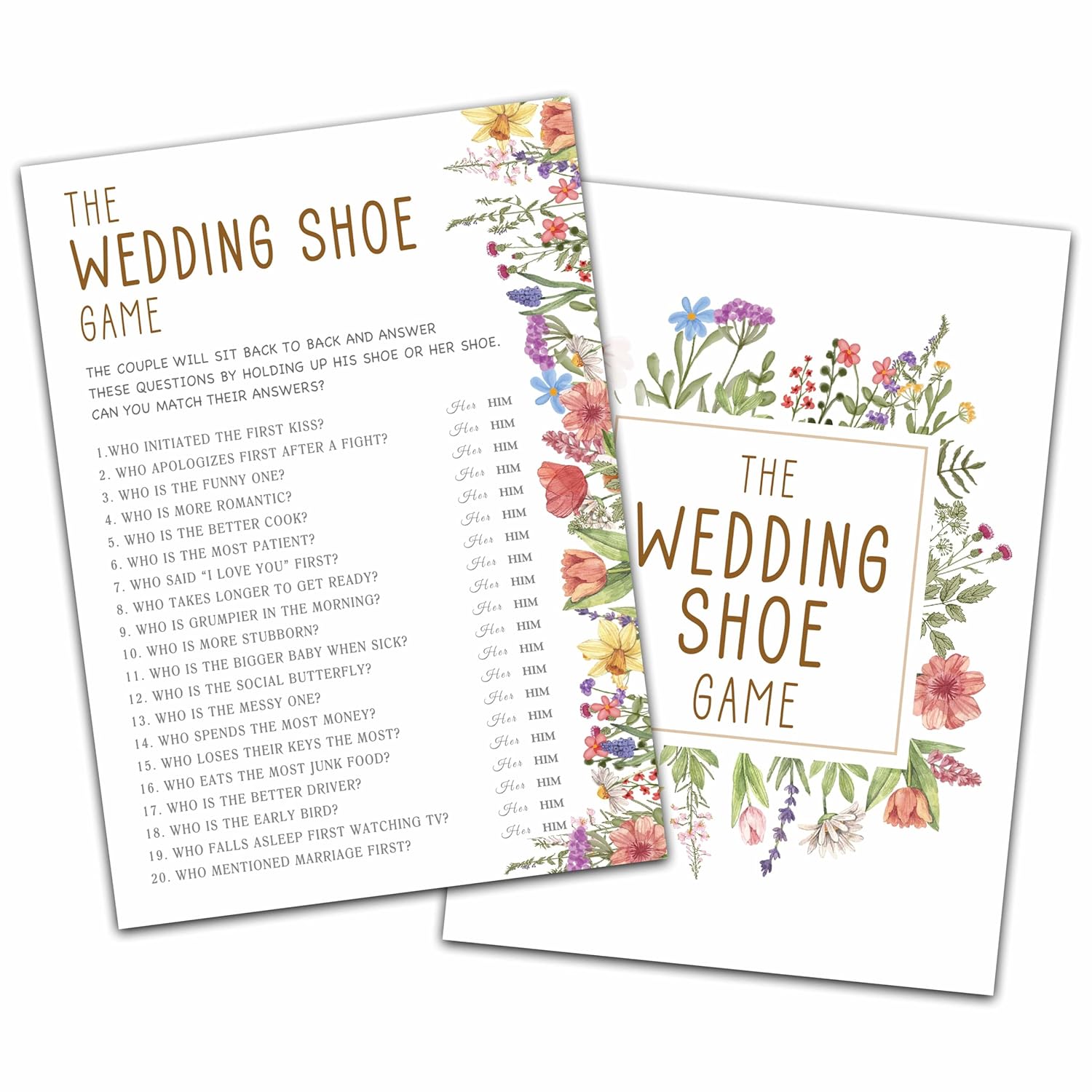 Wildflowers Wedding Shower Games, Wedding Shoe Bridal Shower Games Cards, Spring Flowers Bachelorette Party Game Ideas, Engagement Party Supplies & Activity, Set Of 30 Cards -A07