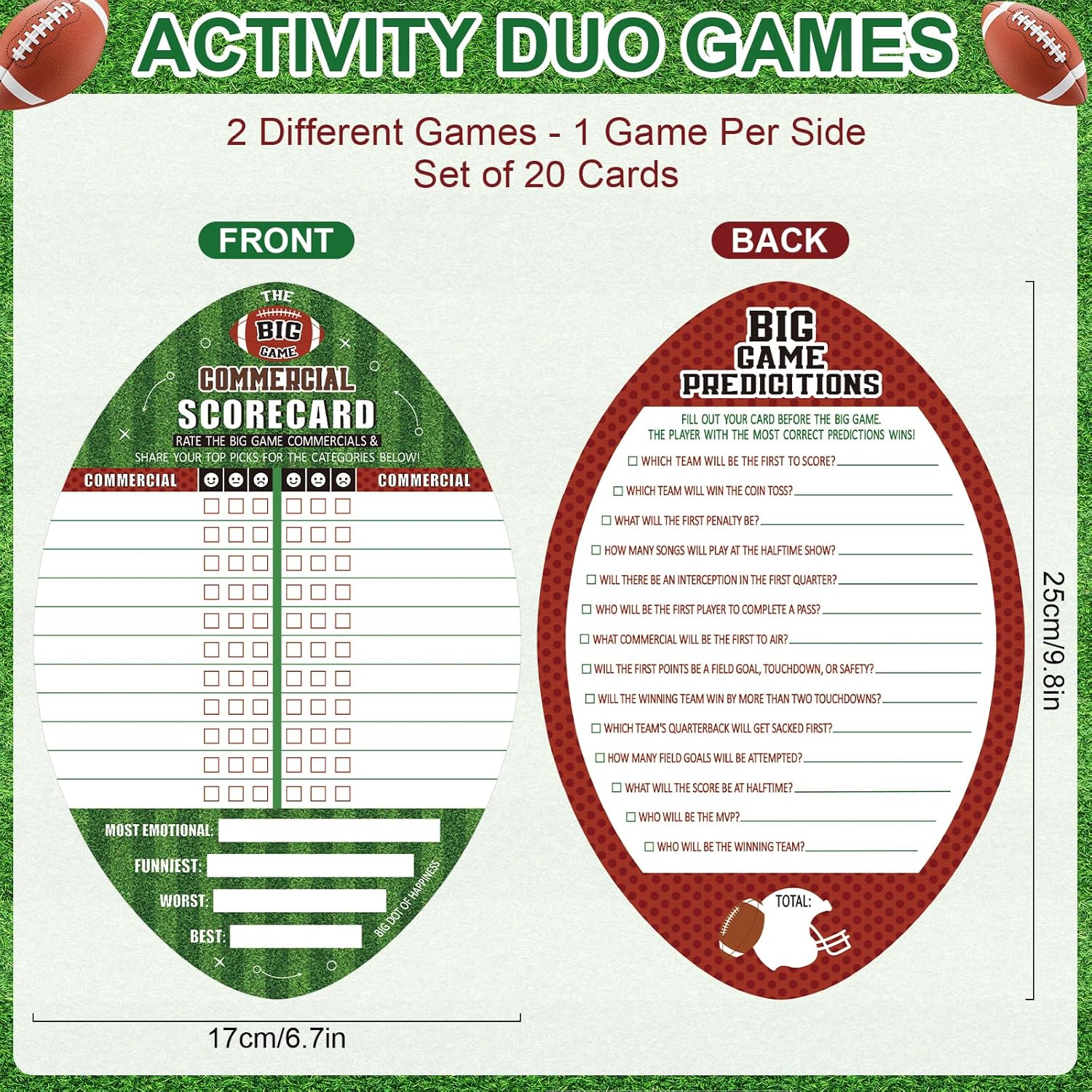 25 Pack Football Party Cards Double-Sided, 2 Games In 1 Football Game Cards For Super Football Bowl Game Day Sports Themed Parties