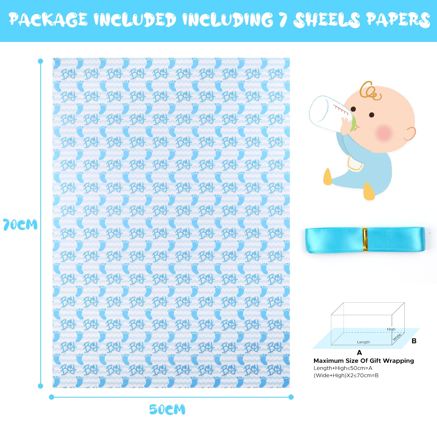 7 Sheet Baby Shower Wrapping Paper Boy,It'S A Boy Blue Footprints Boy Baby Shower Wrap Paper Folded Flat 20 X 28 Inches Per Sheet With Ribbon Set For Newborn Infant Kids Birthday Holiday Celebration Party Gift Wrap