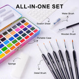 50 Solid Watercolor Paint Set, Beginner Portable Travel Case, Built-In Palette With Detailed Brushes, Non-Toxic Art Supplies For Classroom, Camp Safe - Gift Idea For Festivals, Birthdays, Holidays