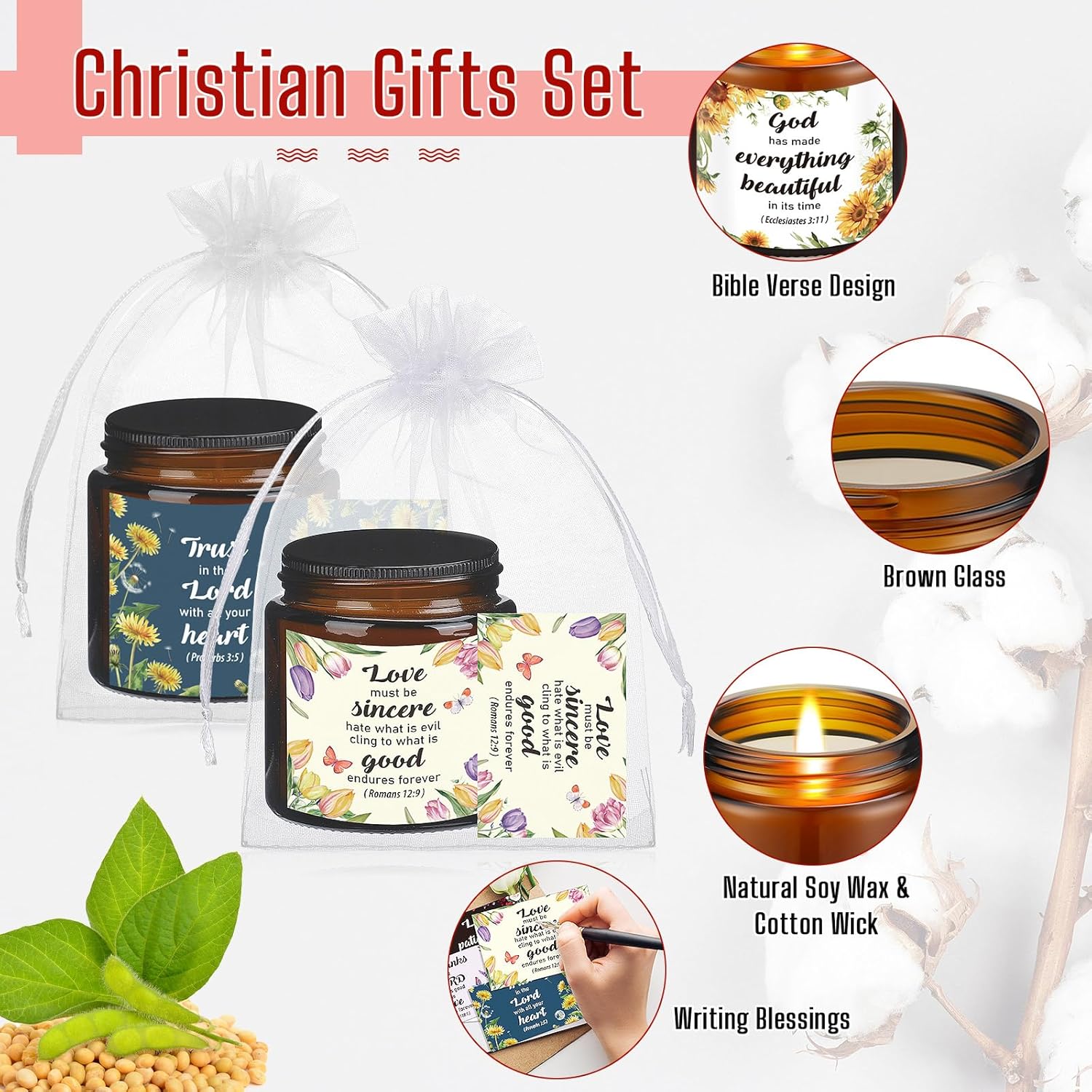 30 Pcs Christian Gifts For Women, 10 Pcs Scented Religious Bible Candles 10 Floral Verses Cards And 10 White Organza Bag For Women Christmas Birthday Wedding Party Gift Supplies Favor