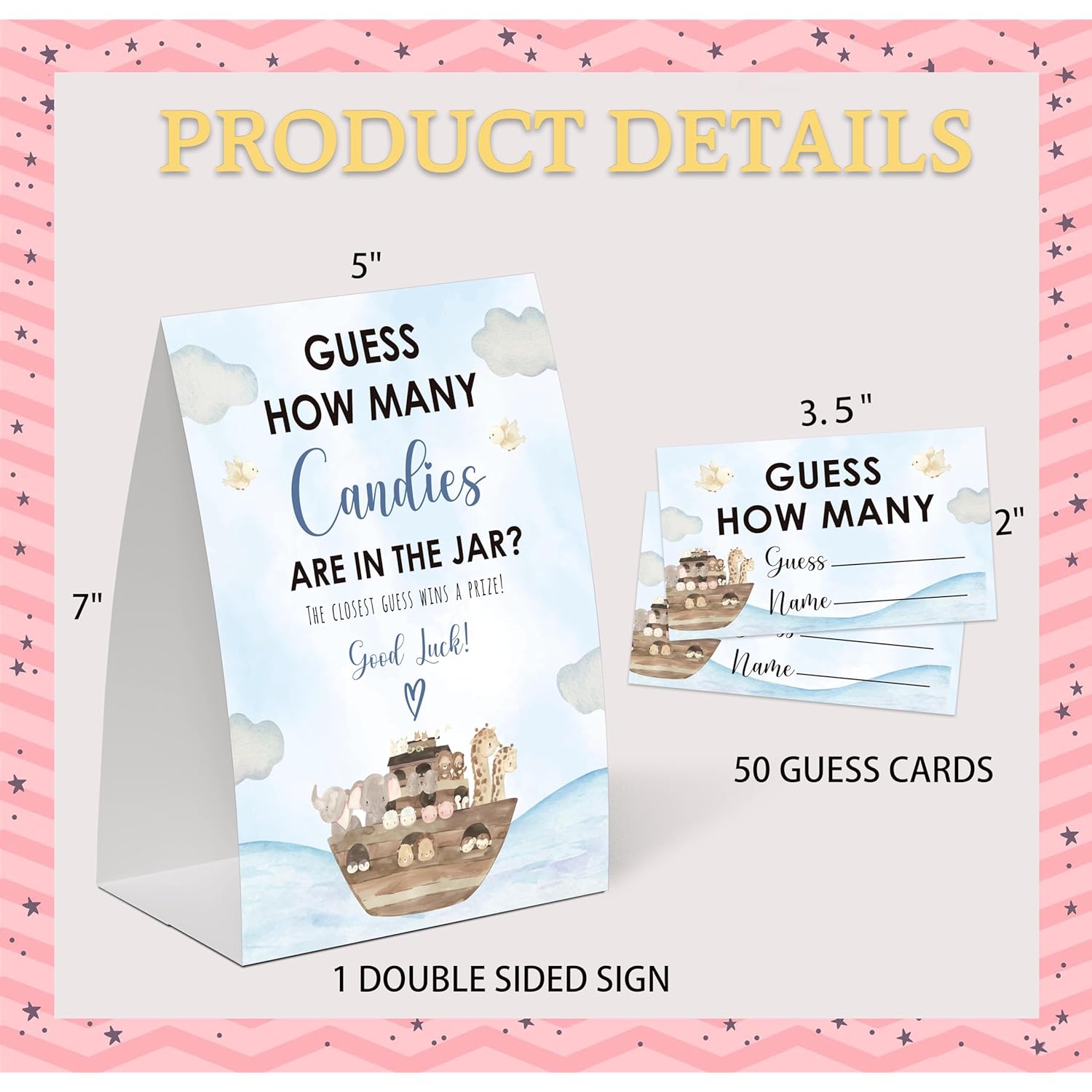 Noah'S Ark Guess How Many Candies Are In The Jar Game For Baby Shower, Pack Of One 5X7 Sign And 50 Guessing Cards, Boho Animals Baby Shower Decoration, Gender Neutral Party Supplies - Gc09