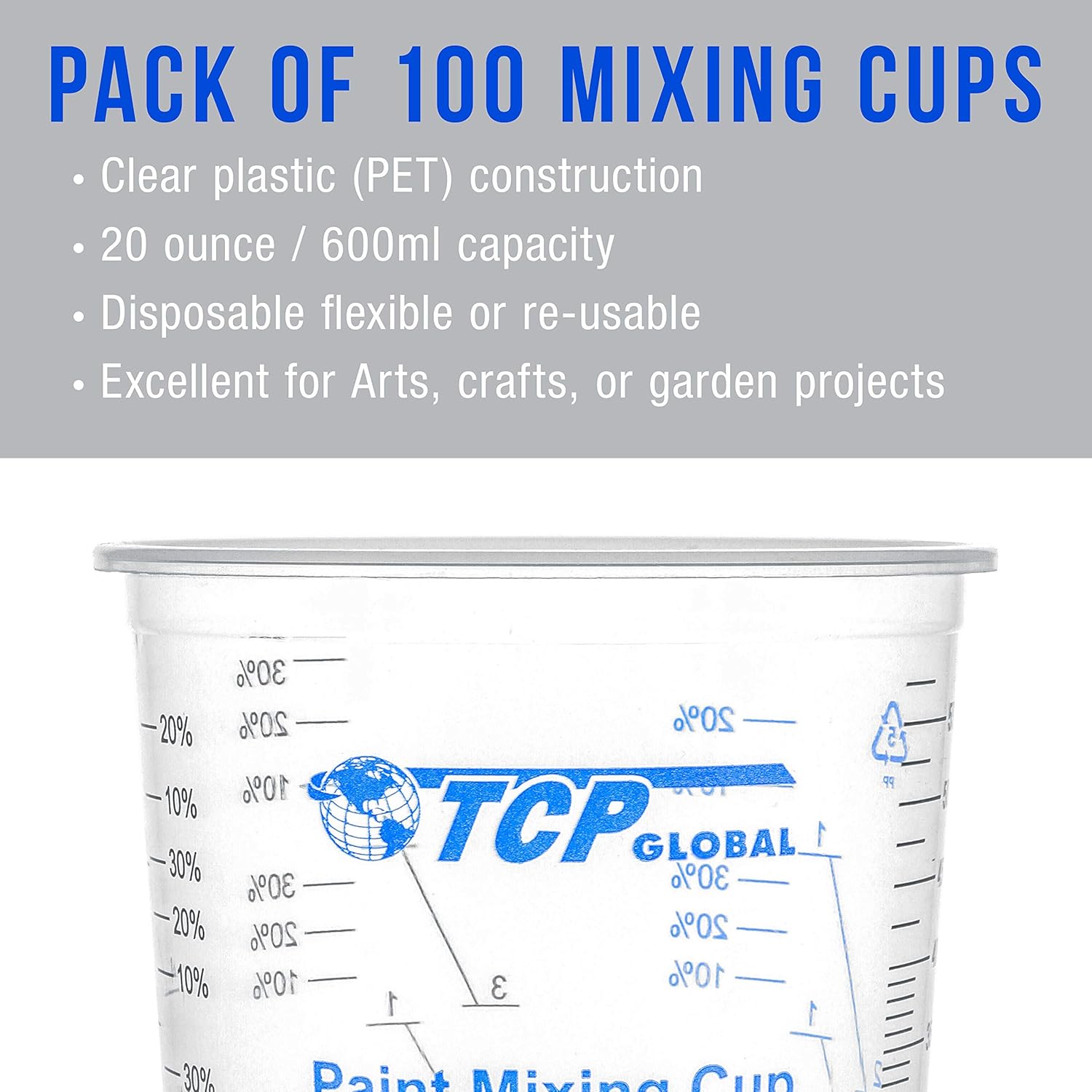 TCP Global 20 oz. (600ml) Graduated Plastic Mixing Cups - Box of 100 with 50 Mixing Sticks - Disposable Plastic Measuring Cups for Liquids, Paints, Resin, Epoxy, Art, Kitchen - Ratios 2-1, 3-1, 4-1 ML