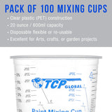 TCP Global 20 oz. (600ml) Graduated Plastic Mixing Cups - Box of 100 with 50 Mixing Sticks - Disposable Plastic Measuring Cups for Liquids, Paints, Resin, Epoxy, Art, Kitchen - Ratios 2-1, 3-1, 4-1 ML