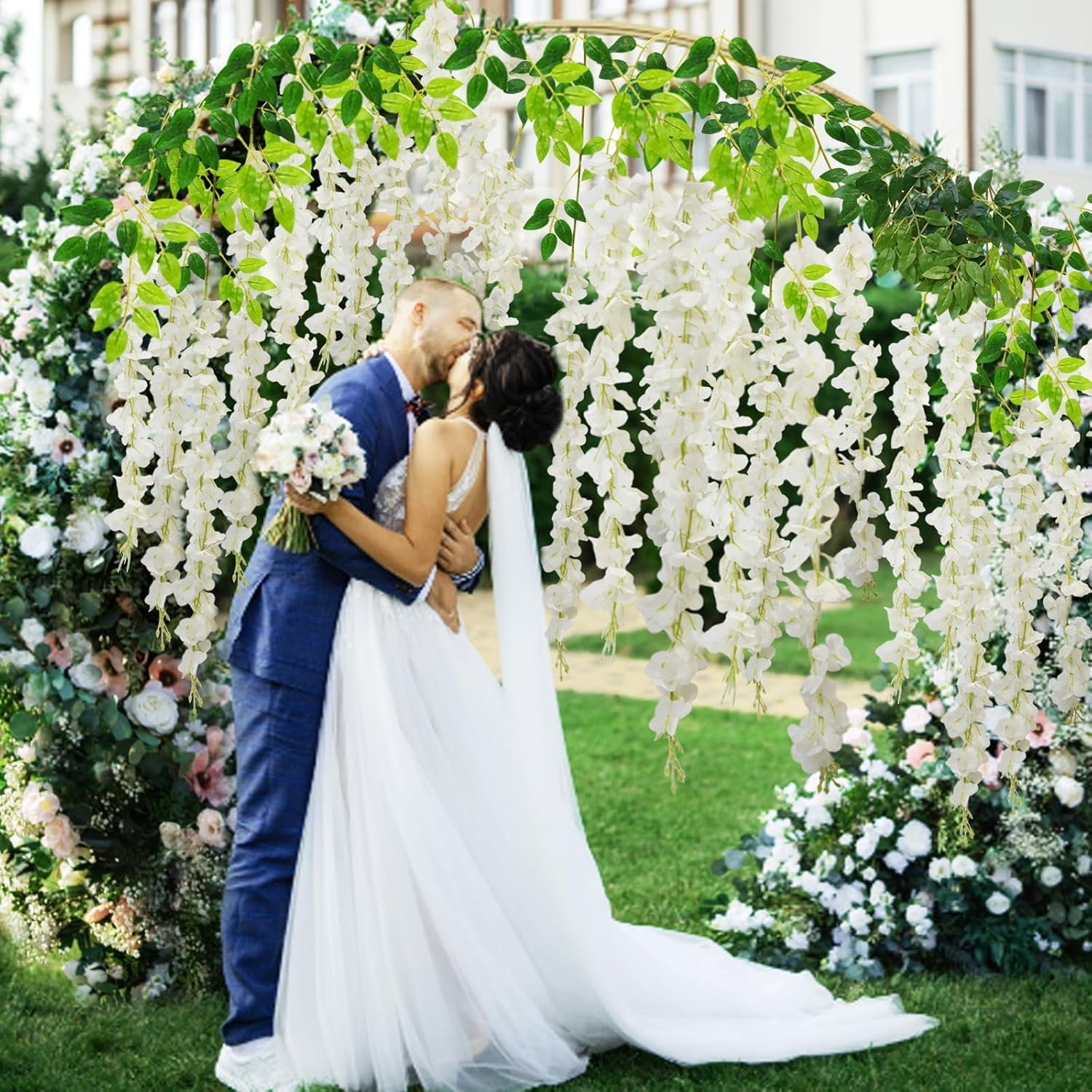 12 Pcs Wisteria Hanging Flowers, 3.6Ft Fake Wisteria Vines Artificial Wisteria Garland Silk Flower String For Wedding Arch Garden Party Home Ceiling Wall Backdrop Tent Decoration (White)
