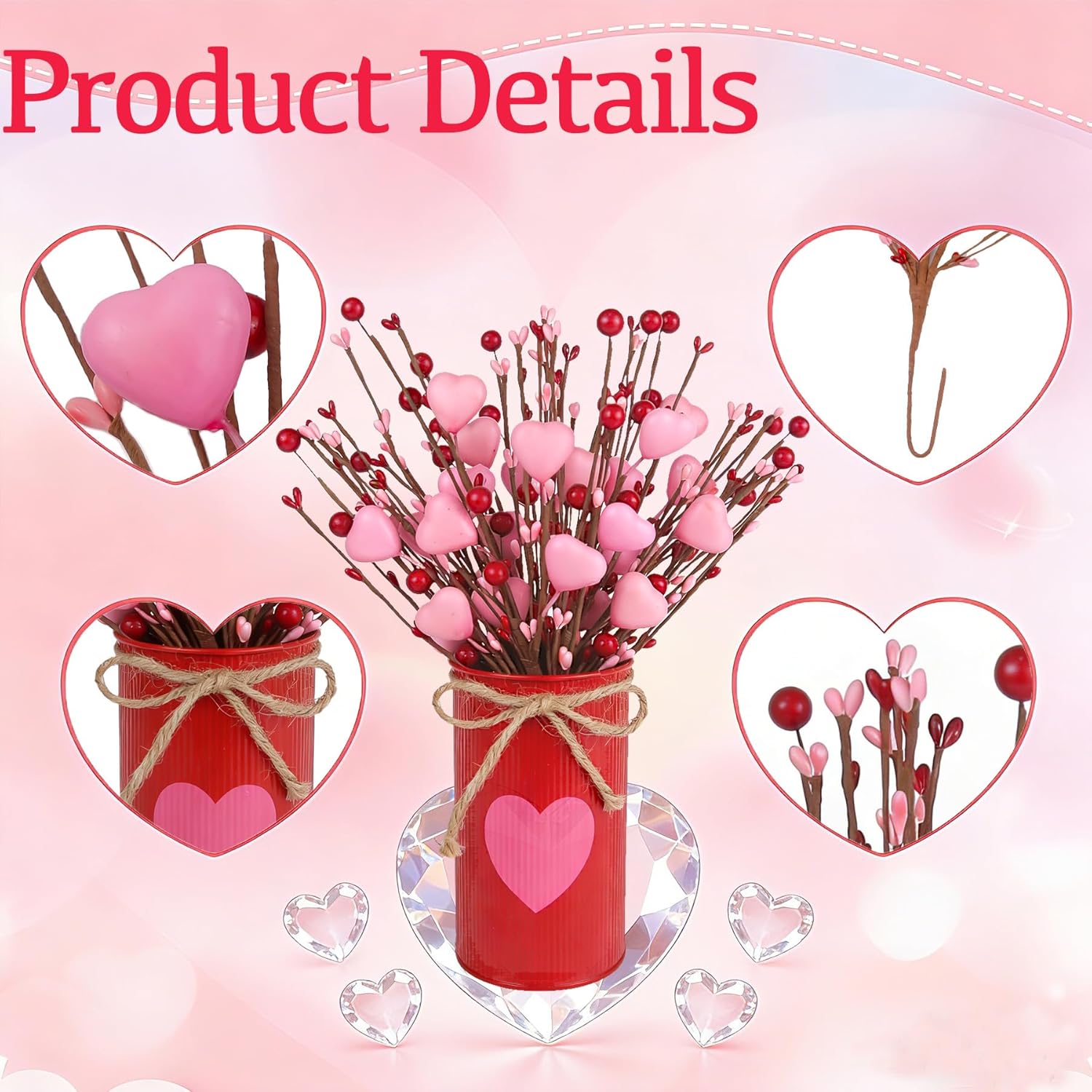 Cute Valentine'S Day Decorations, Artificial Pink Heart Shaped Berry Stems With Metal Pot, Valentines Decor For Table Mantel, Valentines Day Floral Picks For Home School Office Party Wedding