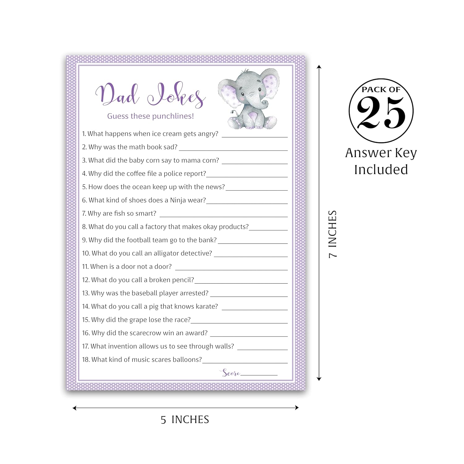 Baby Elephant Baby Shower Game — Dad Jokes Baby Shower Games — Pack Of 25 — Fun Dad Joke Game, Funny Daddy Joke Trivia, Purple Gender Neutral Baby Sprinkle, Sip See, Birthday, Shower Activity G503-Djk