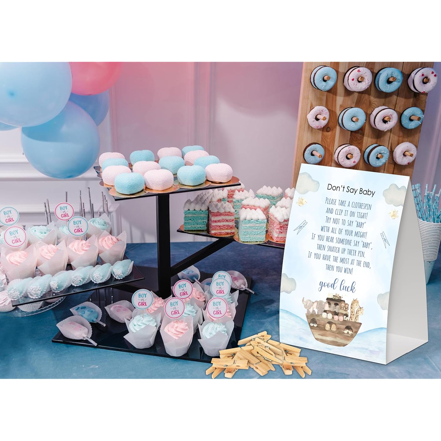 Noah'S Ark Don'T Say Baby Game For Baby Shower, Pack Of One 5X7 Sign And 50 Mini Natural Clothespins, Boho Animals Baby Shower Decoration, Gender Neutral Party Supplies - Sc32