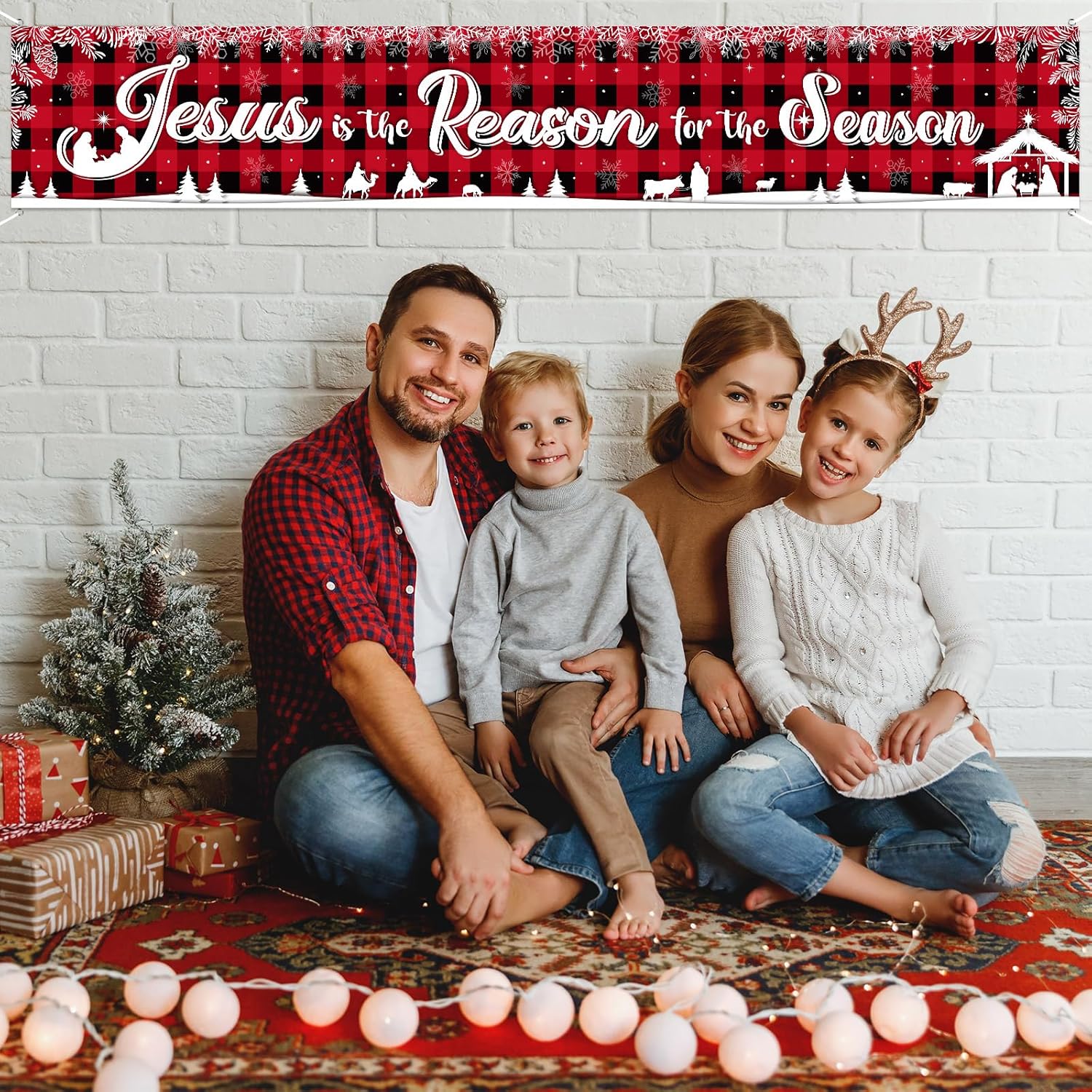 Holy Nativity Christmas Banner Manger Scene Religious Jesus Is The Reason For The Season Red Buffalo Plaid Hanging Banner For Xmas Winter Holiday Outdoor Indoor Decoration