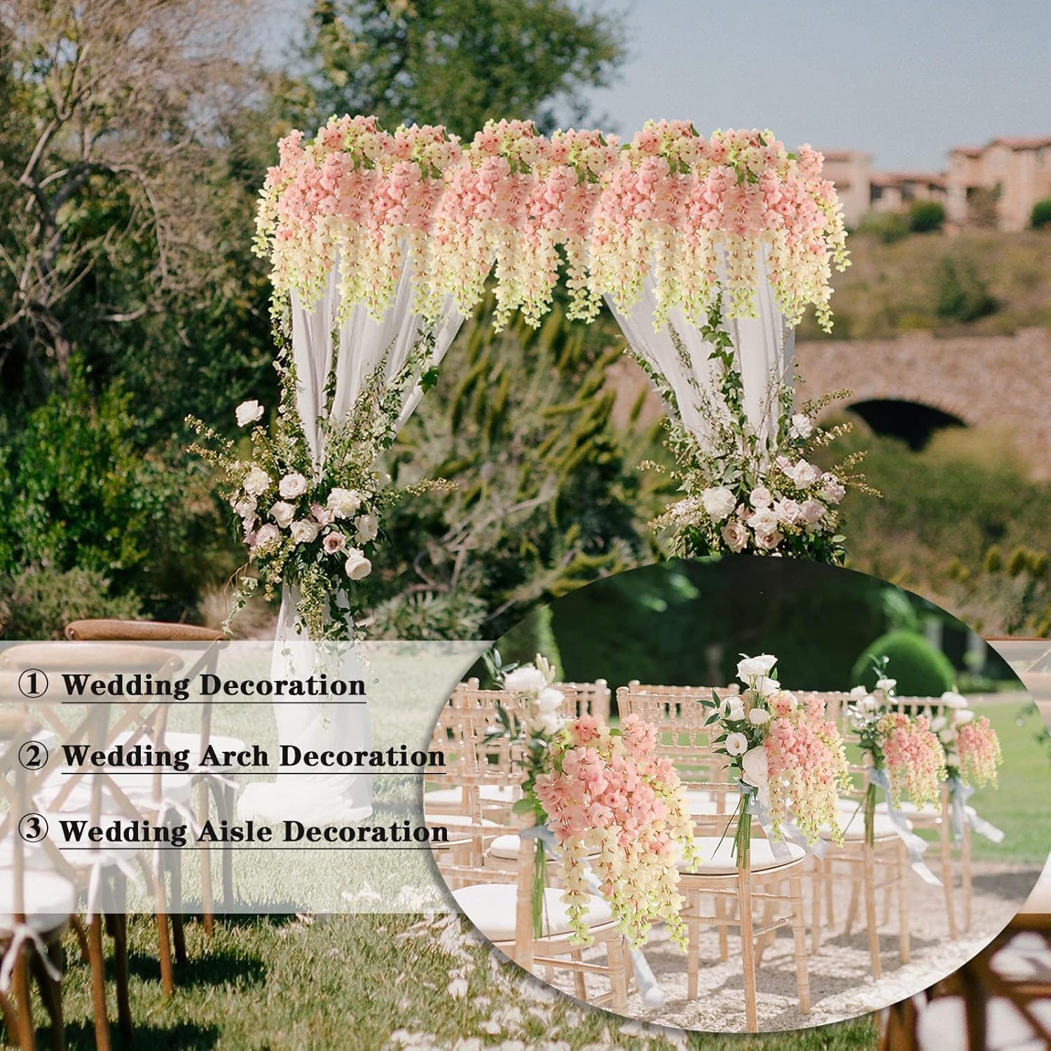 Dailisen 3 Strands 40'' Silk Blush Wisteria Artificial Flowers, Fake Wisteria Floral Hanging Plant Garland, For Home Decor, Party, Floor Vase, Balcony, Wedding Arrangement Decoration (Blush)