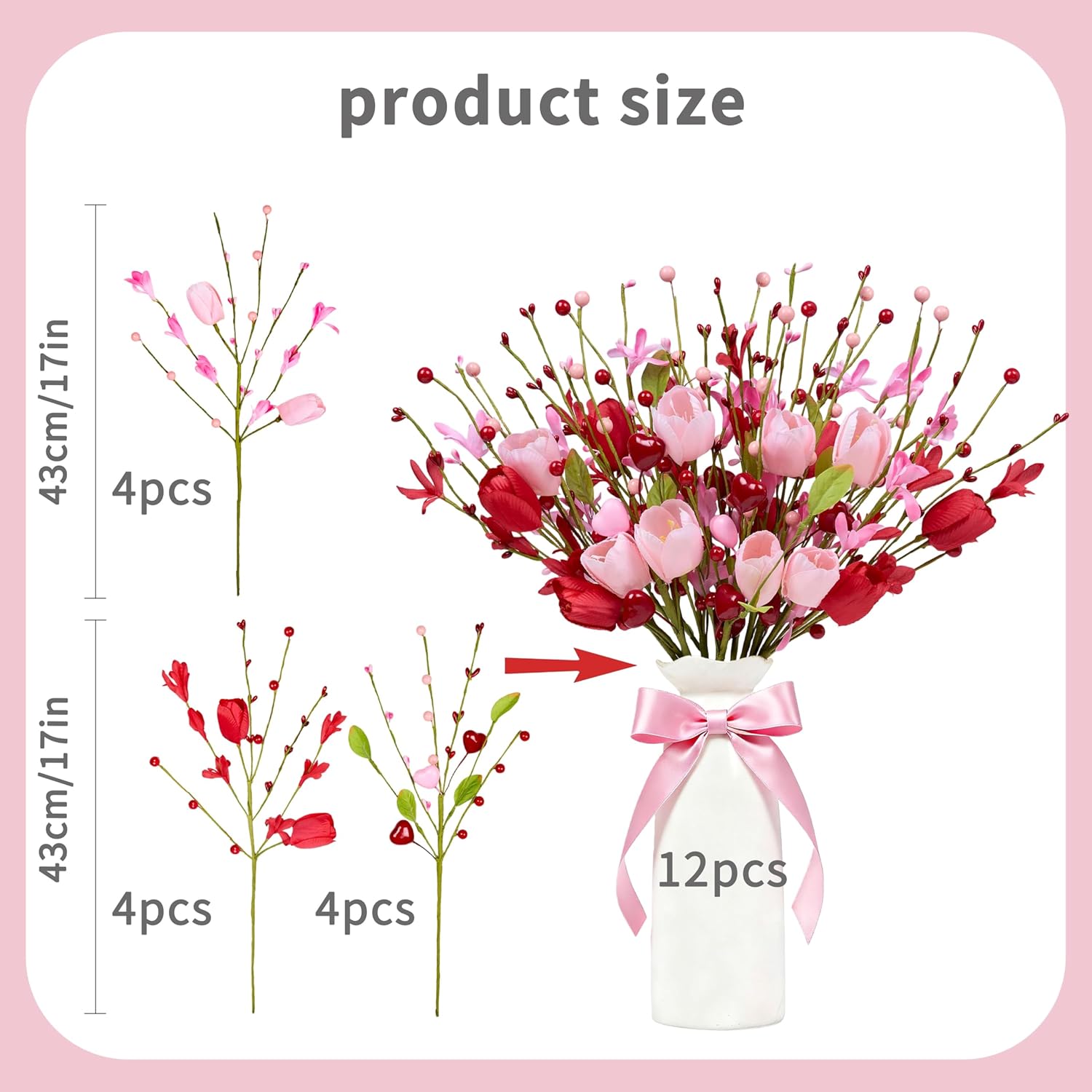 Valentine'S Day Gifts 12 Pack Artifcial Valentine Decorations 17 Inch Valentines Day Pink Picks With Red Tulip Pink Love Heart Berries For Valentine Wedding Anniversary Party Decor
