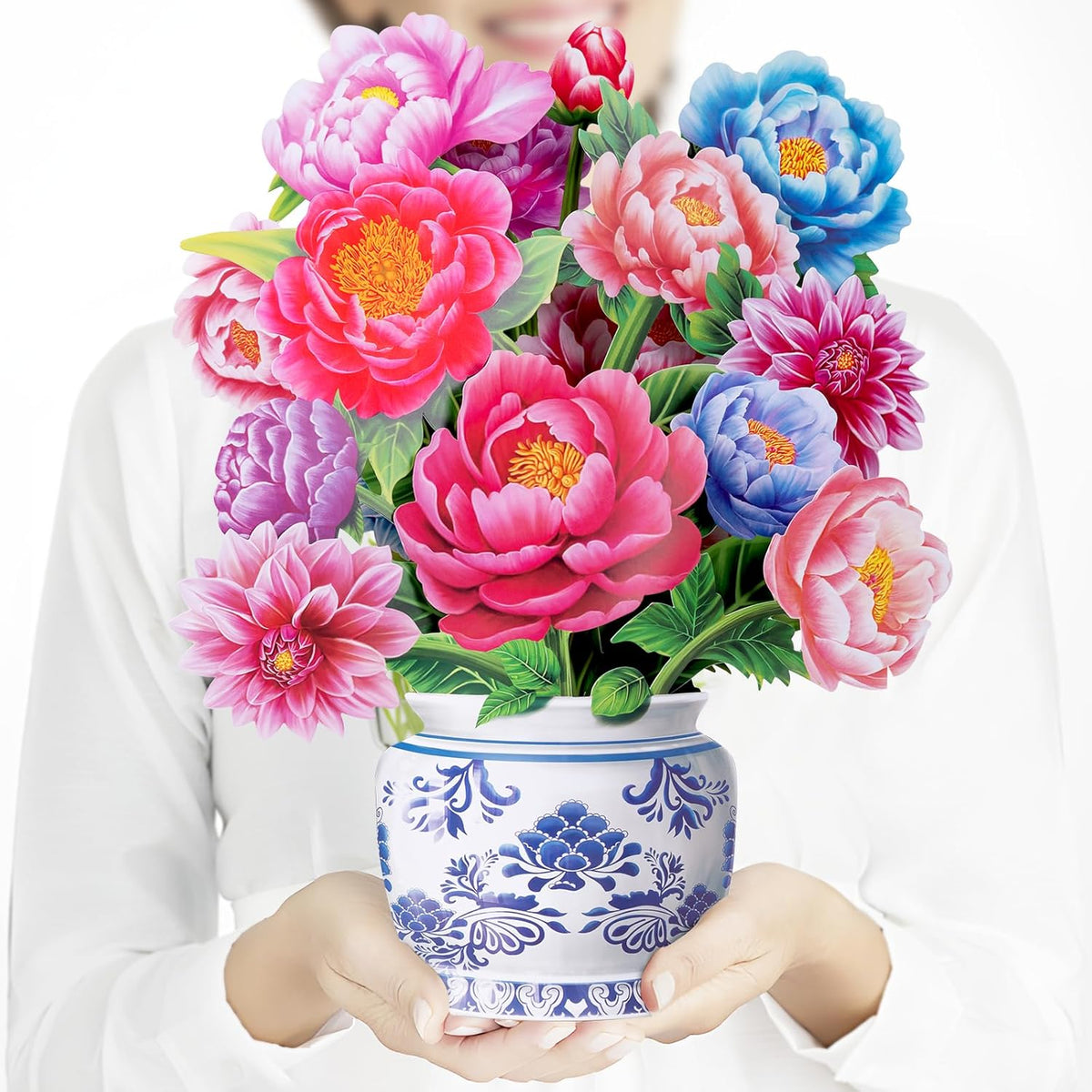 Pop Up Flower Card, 3D Paper Flowers Bouquet, Birthday, Thank You, Get Well Greeting Cards With Note Card & Envelope, Peony