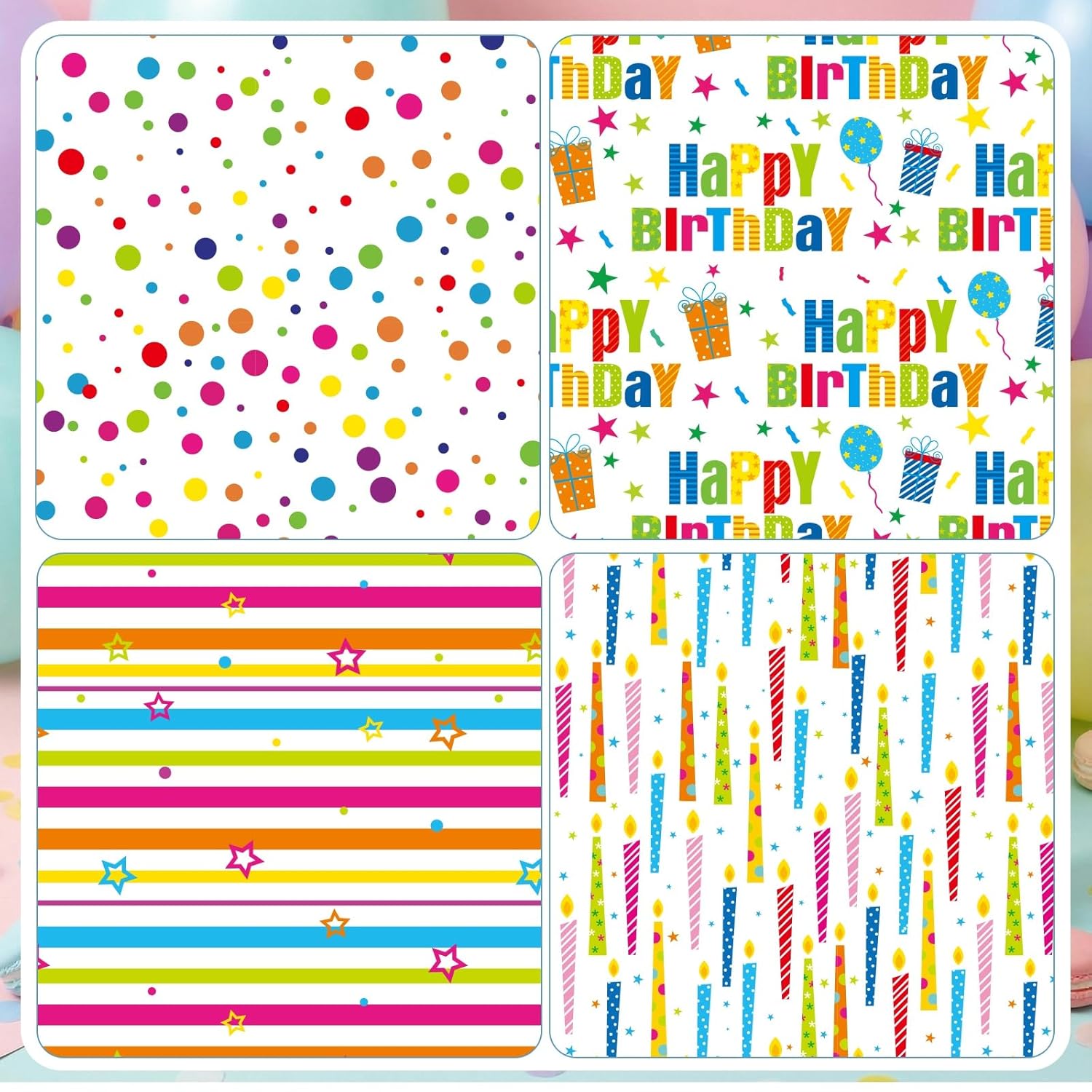 Birthday Wrapping Paper Rolls Colorful Gift Wrapping Paper With Happy Birthday Lettering Candles Polka Dots Stripes Design For Party Baby Shower - 4 Rolls - 17 In X 120 In(10Ft) Per Roll