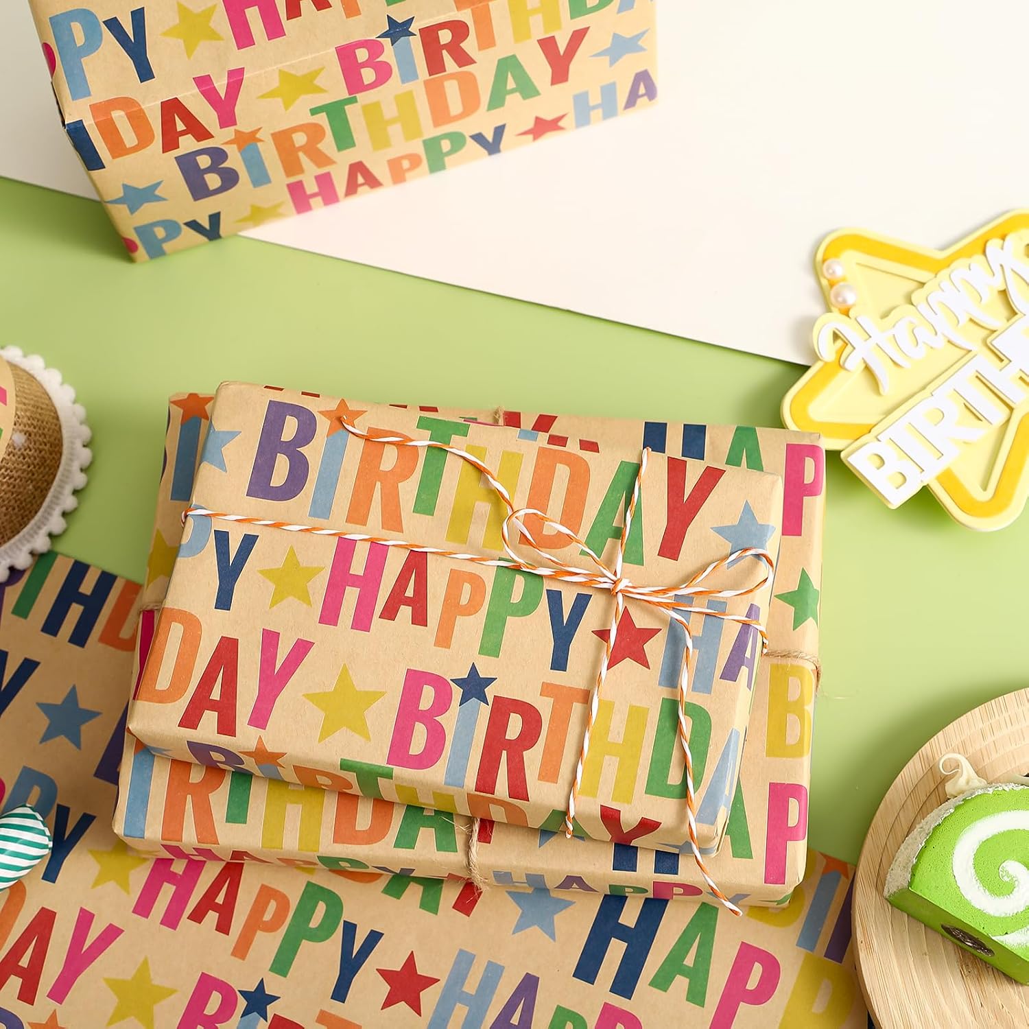 Kraft Birthday Wrapping Paper Sheet - 6 Sheets Colorful Happy Birthday Wrapping Paper Folded Flat For Kids, Baby Shower, Party, Holiday - 19.7 Inch X 27.5 Inch Per Sheet