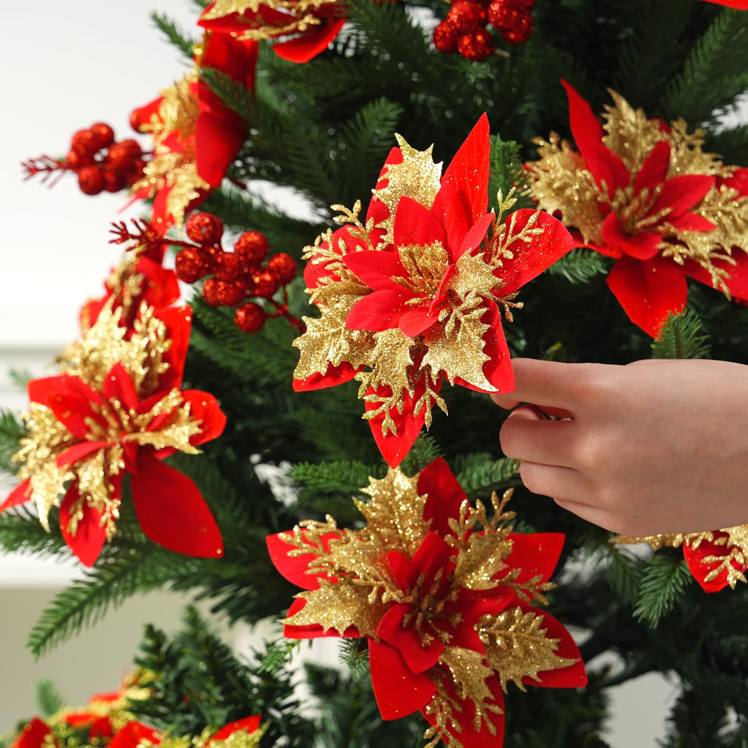 50Pcs Glitter Poinsettia Christmas Ornaments, Artificial Flowers With Clips Stems For Diy Wreath Making, Holiday Home Party Decorations, Indoor Use (Red)
