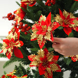 50Pcs Glitter Poinsettia Christmas Ornaments, Artificial Flowers With Clips Stems For Diy Wreath Making, Holiday Home Party Decorations, Indoor Use (Red)