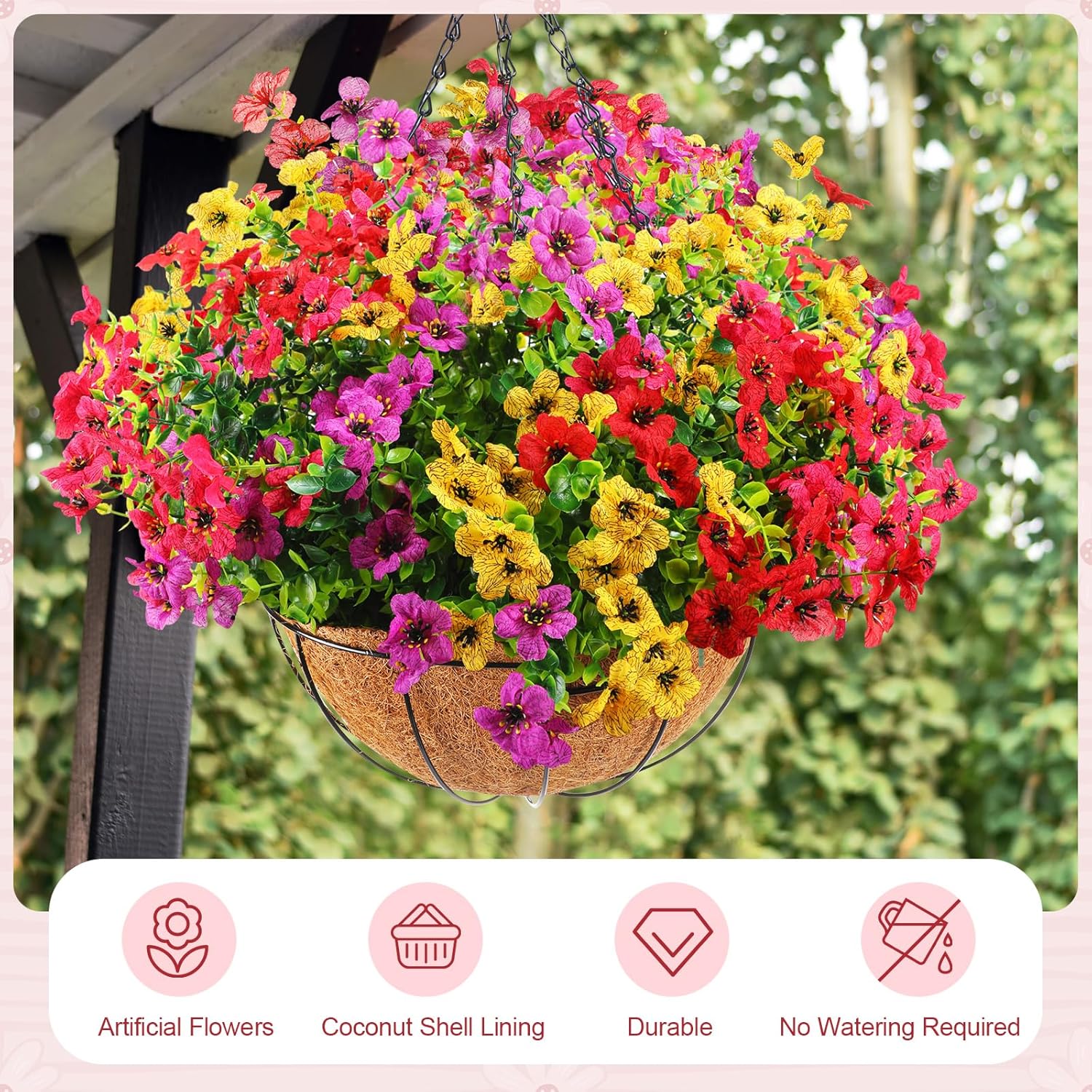 2 Pcs Artificial Hanging Flowers With Fake Basket Outdoor Realistic Hanging Plants With 12 Inch Coconut Lining Basket For Patio Lawn Garden Porch Decor (Mix)