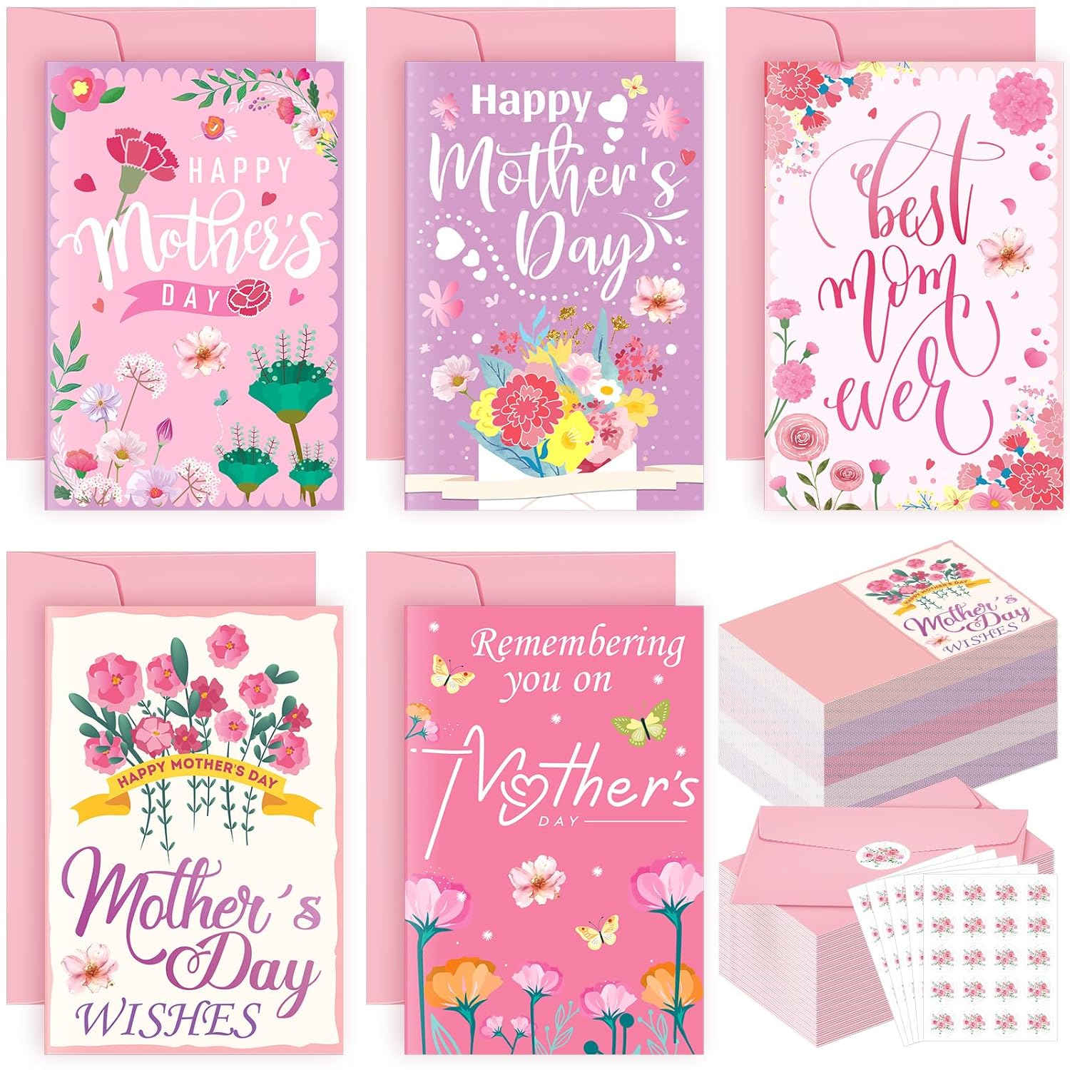 100 Pcs Mothers Day Greeting Cards, Mother'S Day Cards Bulk With Pink Envelopes And Stickers Blank Inside For Mother'S Day Mom Birthday Gift Supplies For Florist Church Mom Flower