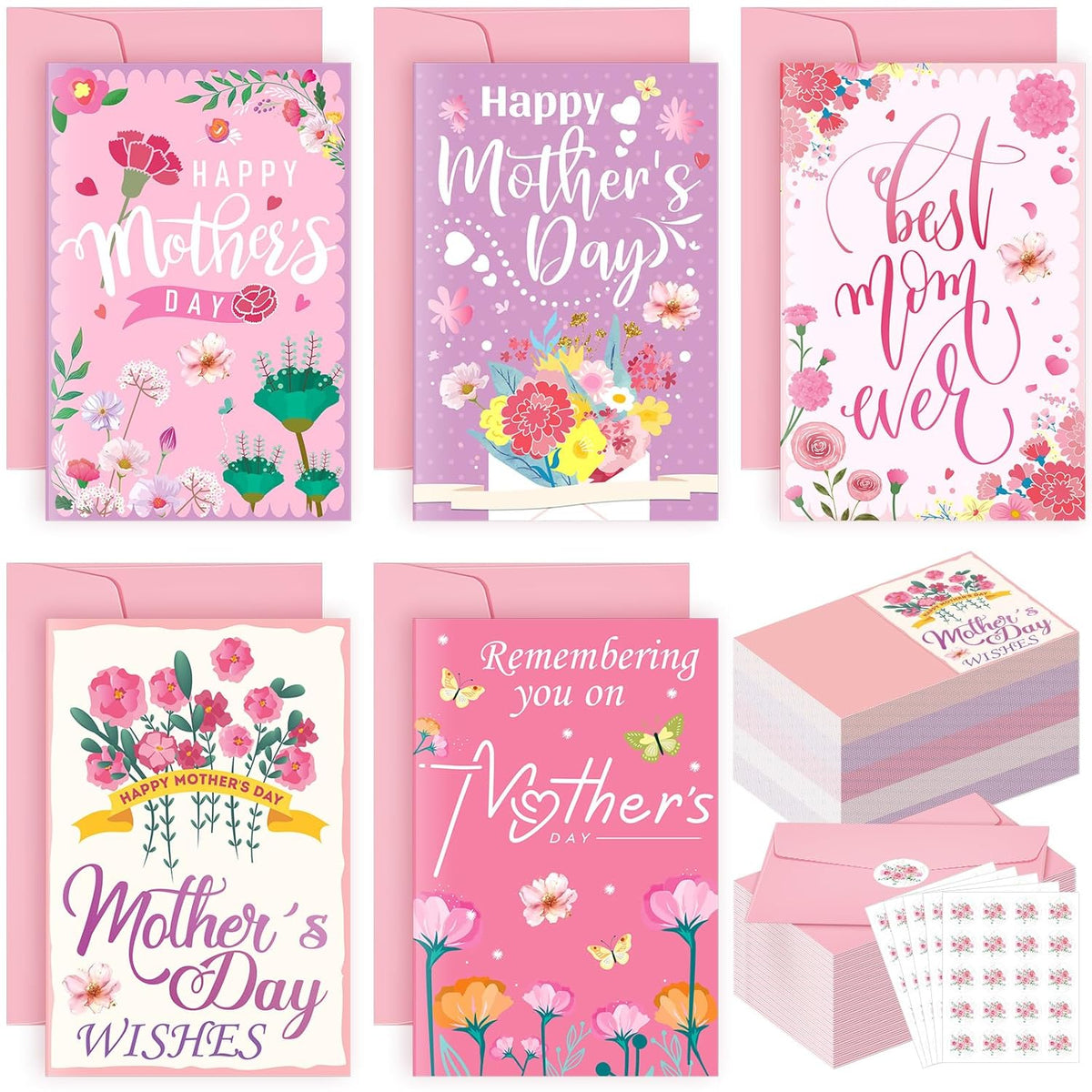 100 Pcs Mothers Day Greeting Cards, Mother'S Day Cards Bulk With Pink Envelopes And Stickers Blank Inside For Mother'S Day Mom Birthday Gift Supplies For Florist Church Mom Flower