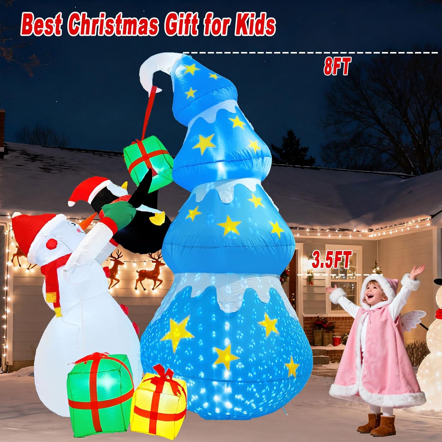 8Ft Christmas Inflatables Snowman Yard Decoration, Blow Up Christmas Tree Penguin Gift Box Outdoor Decorations With Fall