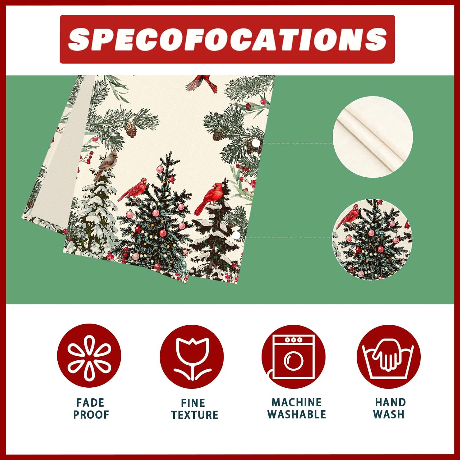 Cardinal Birds Winter Pine Tree Christmas Xmas Table Runner Table Decoration For Home Kitchen Dining Holiday Decor 13X72 Inch
