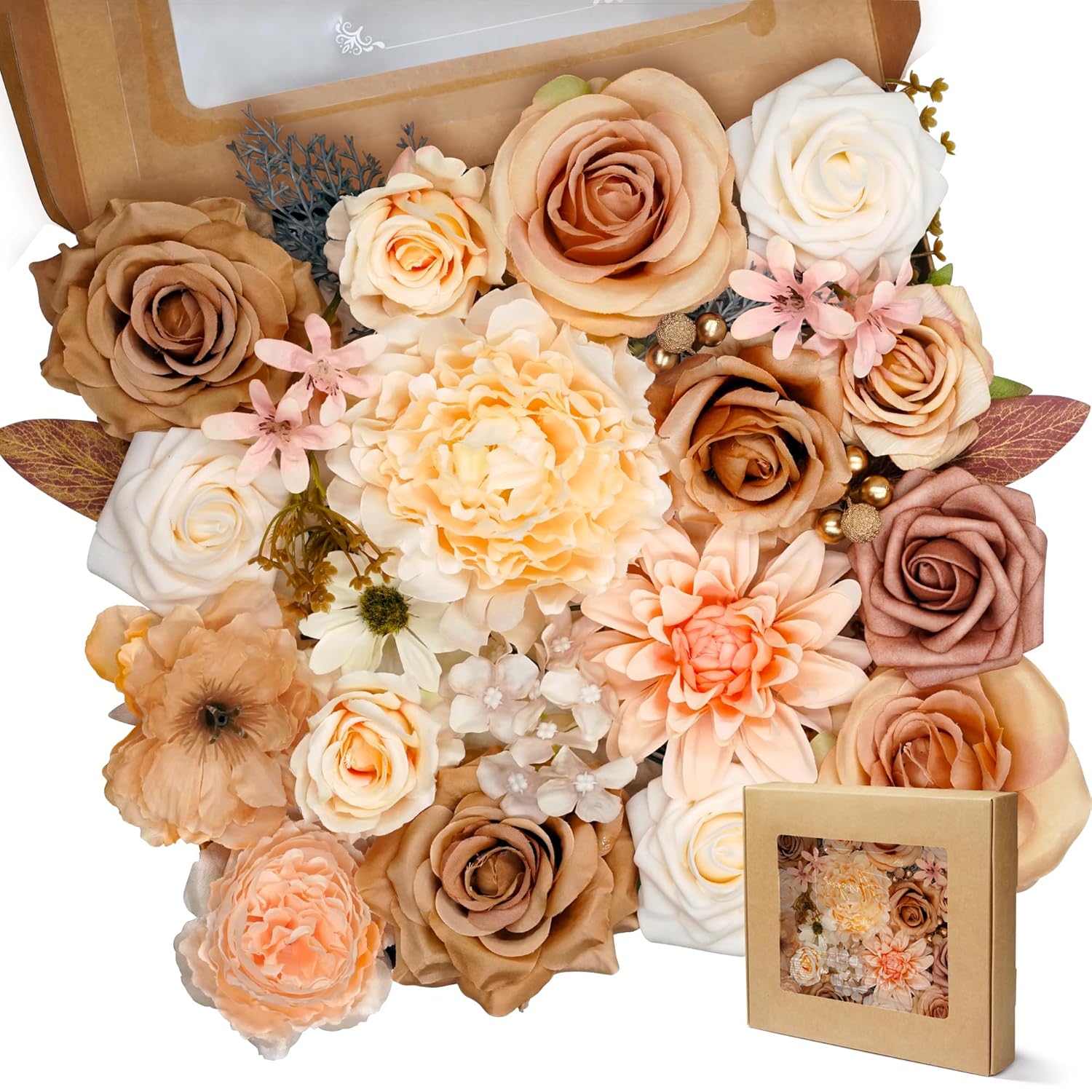Artificial Flowers Combo Box Set 35Pcs Silk Champagne Fake Rose, Peonies With Stem For Diy Wedding Cake Arch Bouquets Baby Bridal Shower Centerpieces Party Wall Home Decorations