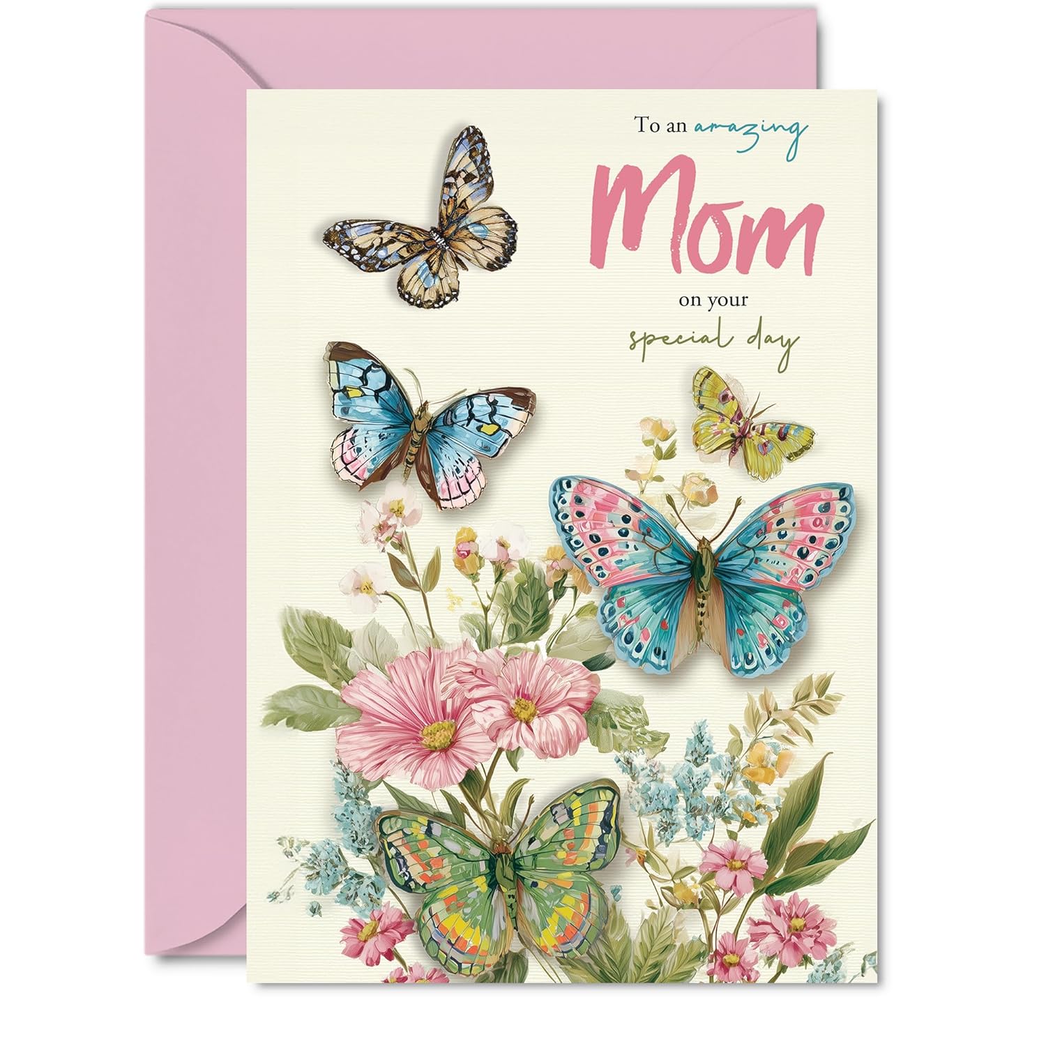 Mom Birthday Card - Beautiful Butterflies - Happy Birthday Card For Mom From Son Daughter, 5X7 Inch Elegant Pastel Butterfly Bday Greeting Cards