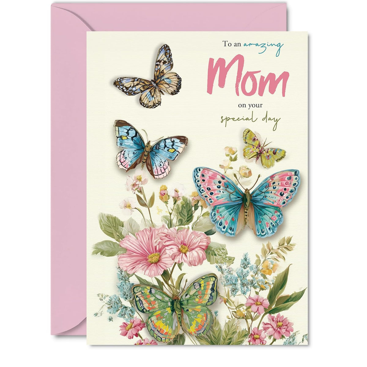 Mom Birthday Card - Beautiful Butterflies - Happy Birthday Card For Mom From Son Daughter, 5X7 Inch Elegant Pastel Butterfly Bday Greeting Cards