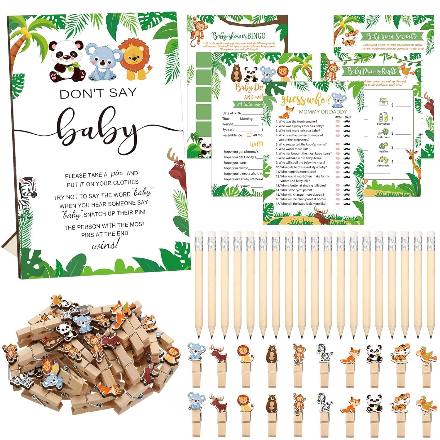 321 Pcs Safari Baby Shower Party Supplies, Jungle Themed Shower, 5 Sets (50 Cards Each) Activities Cards With 20 Pencils 1 Don'T Say Baby Sign 50 Clothespin