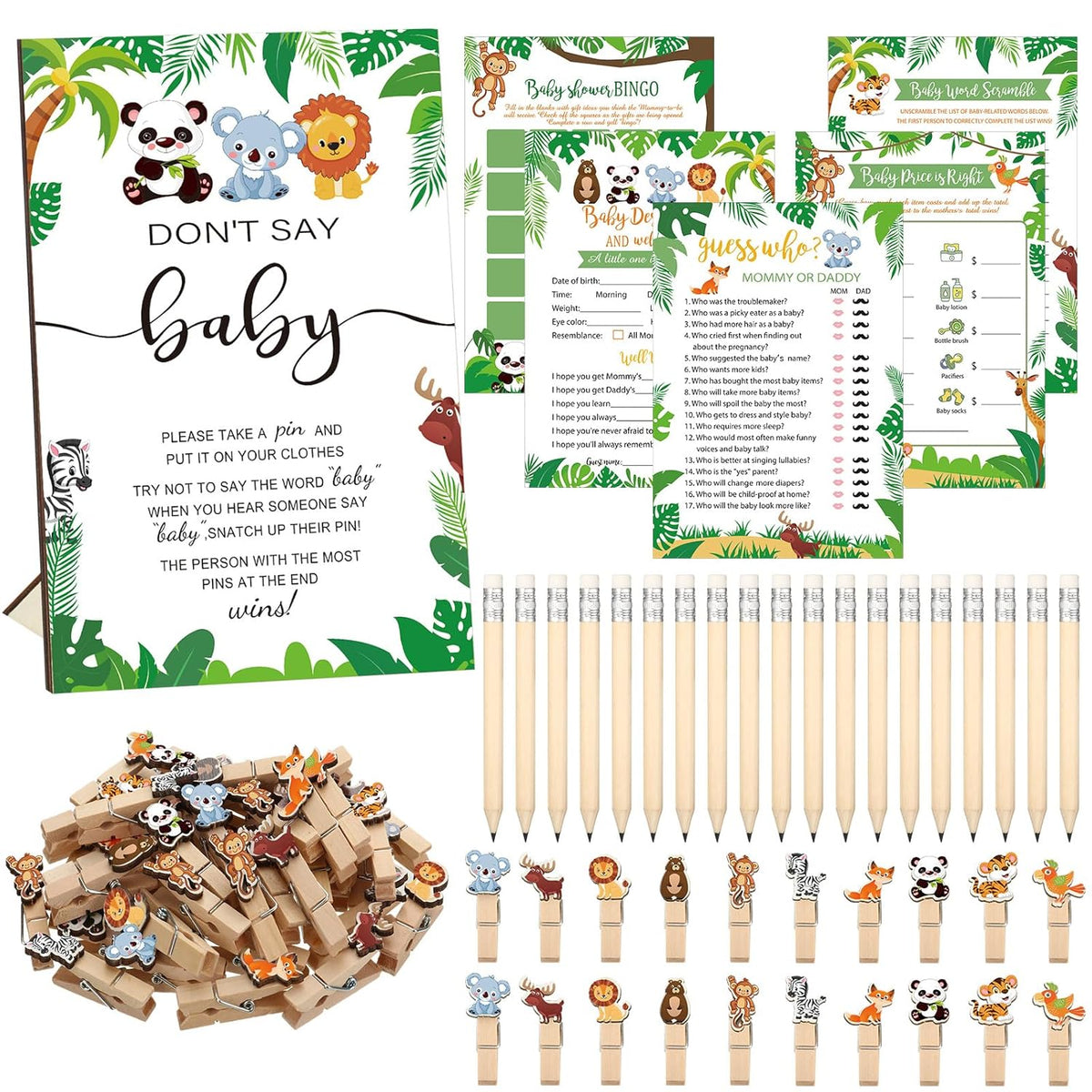 321 Pcs Safari Baby Shower Party Supplies, Jungle Themed Shower, 5 Sets (50 Cards Each) Activities Cards With 20 Pencils 1 Don'T Say Baby Sign 50 Clothespin