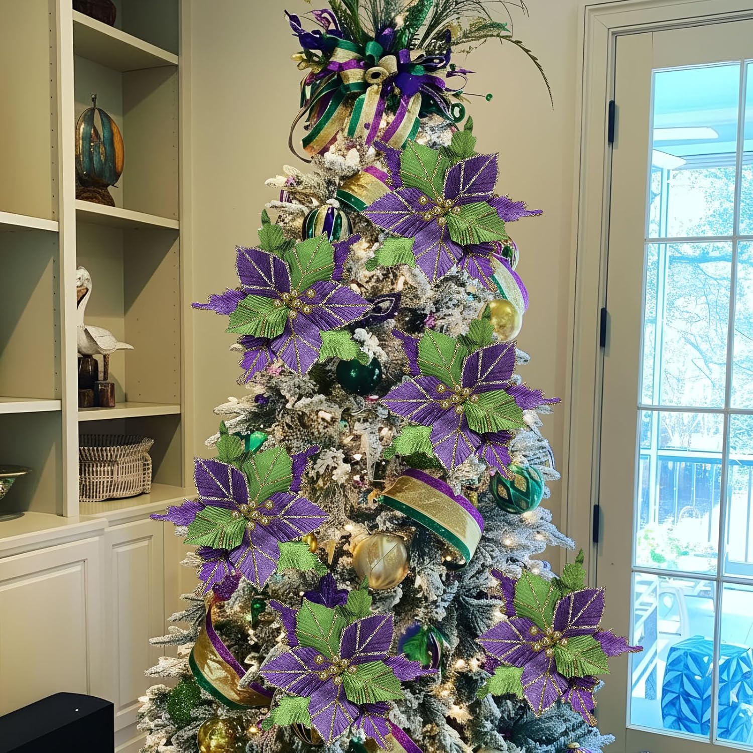6 Pcs 10'' Mardi Gras Poinsettia Flower Large Flowers Glitter Artificial Tree Decorations Carnival Party Tree Ornaments Wreath Supplies New Orleans Style Party