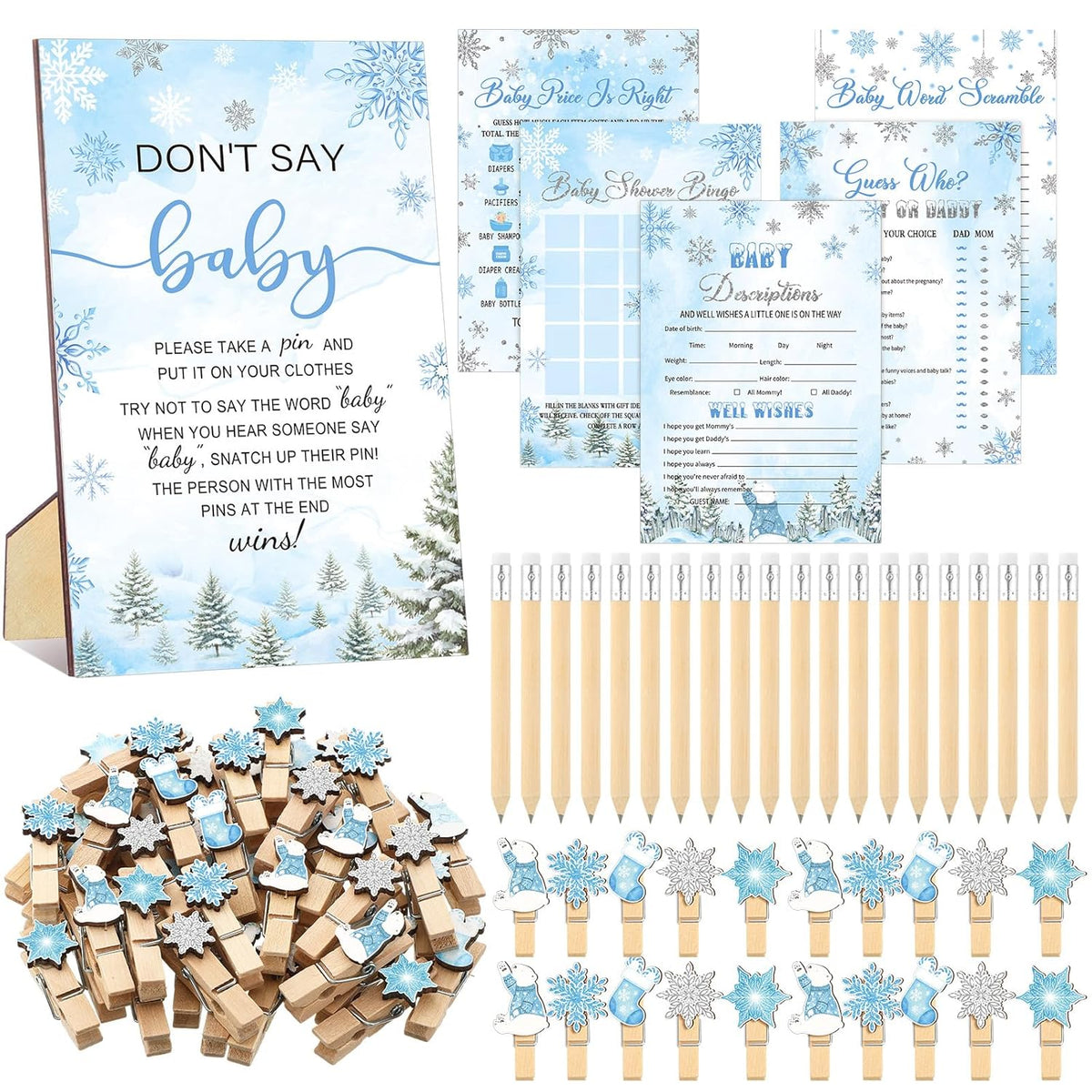 321 Pcs Blue Snowflake Baby Shower Game Supply For Girl Or Boy 5 Set Include 50 Activity Card 20 Pencil 1 Don'T Say Baby Sign 50 Clothespin For Price Is Right Prediction Bingo Game Party Decor