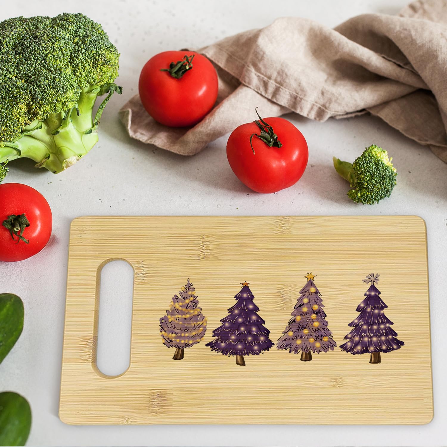 Purple Merry Christmas Tree Cutting Board, Purple Christmas Kitchen Decor, Xmas Glitter Tree Winter Holiday Bamboo Cutting Board For Kitchen