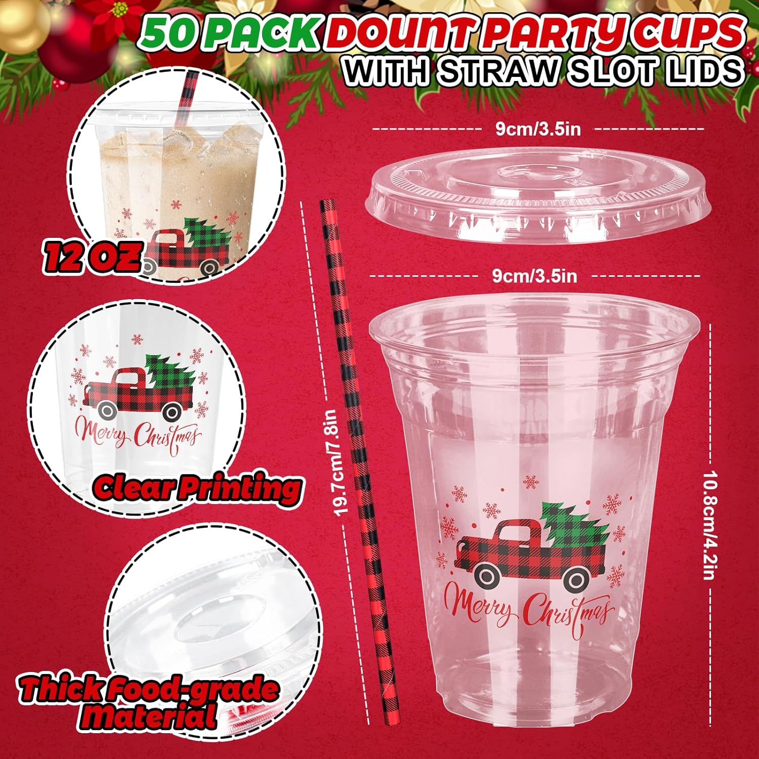 50Pcs Merry Christmas Party Cups Plaid Truck Snowflake Tree Disposable Clear Plastic Cups With Flat Lids Plaid Straw Party Supply Drinkware For Xmas Coffee Beer Beverage