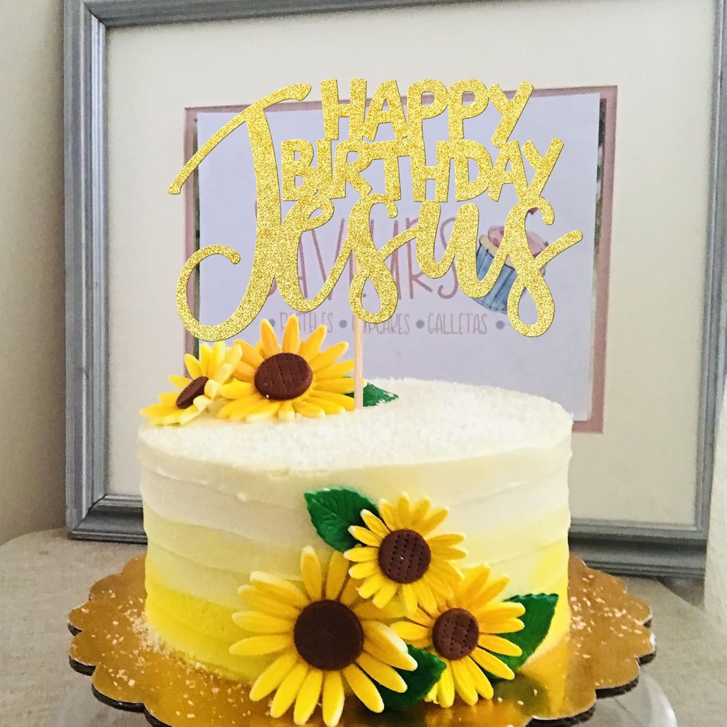 1 Pcs Happy Birthday Jesus Cake Topper Assembled Glitter Jesus Birthday Cake Pick Merry Christmas Cake Decorations For Nativity Scene Christmas Birthday Party Supplies Gold