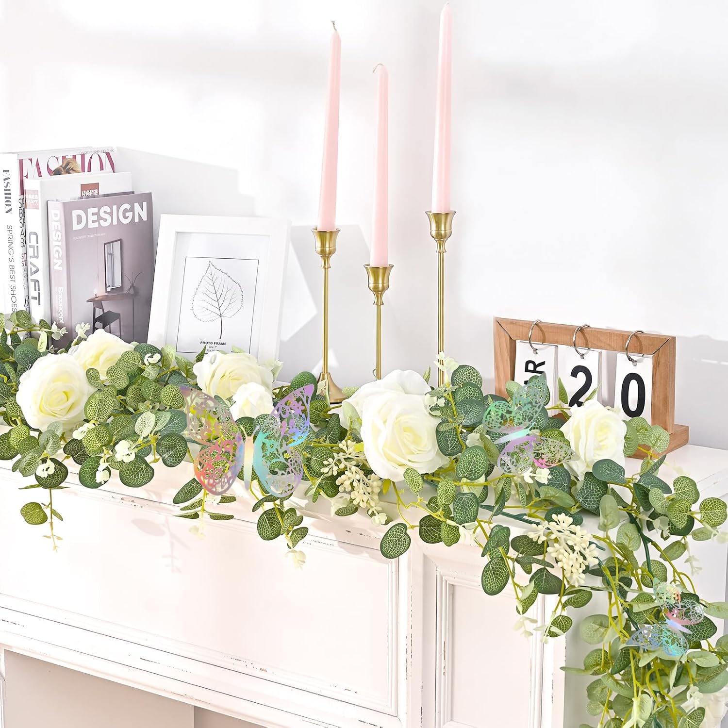 6.6 Ft White Flower Garland With 3D Butterfly, Artificial Eucalyptus Garland With Flowers Fake Rose Vine For Table Centerpiece Wedding Arch Baby Shower Party Room Backdrop Decor