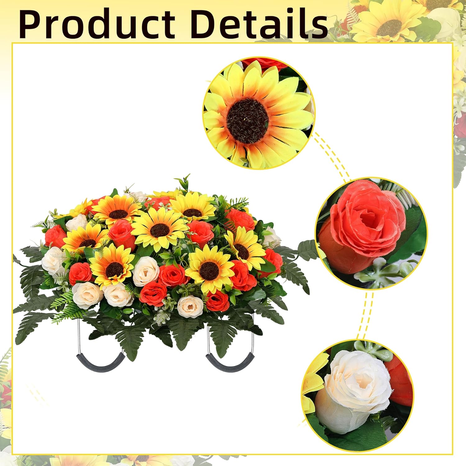 Artificial Cemetery Flowers Saddle-Shaped Tombstone Decorations,Large Headstone Flower Saddle,Rose Sunflower Memorial Flowers (Yellow Beige)