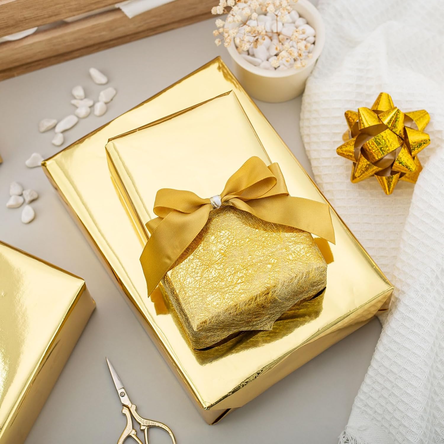 30 In X 32.8 Ft (81.7 Sq.Ft.) Gold Wrapping Paper Roll, Gift Wrap With Metallic Shine For Wedding, Birthday, Party, Holiday, Congrats, Mother’S Day