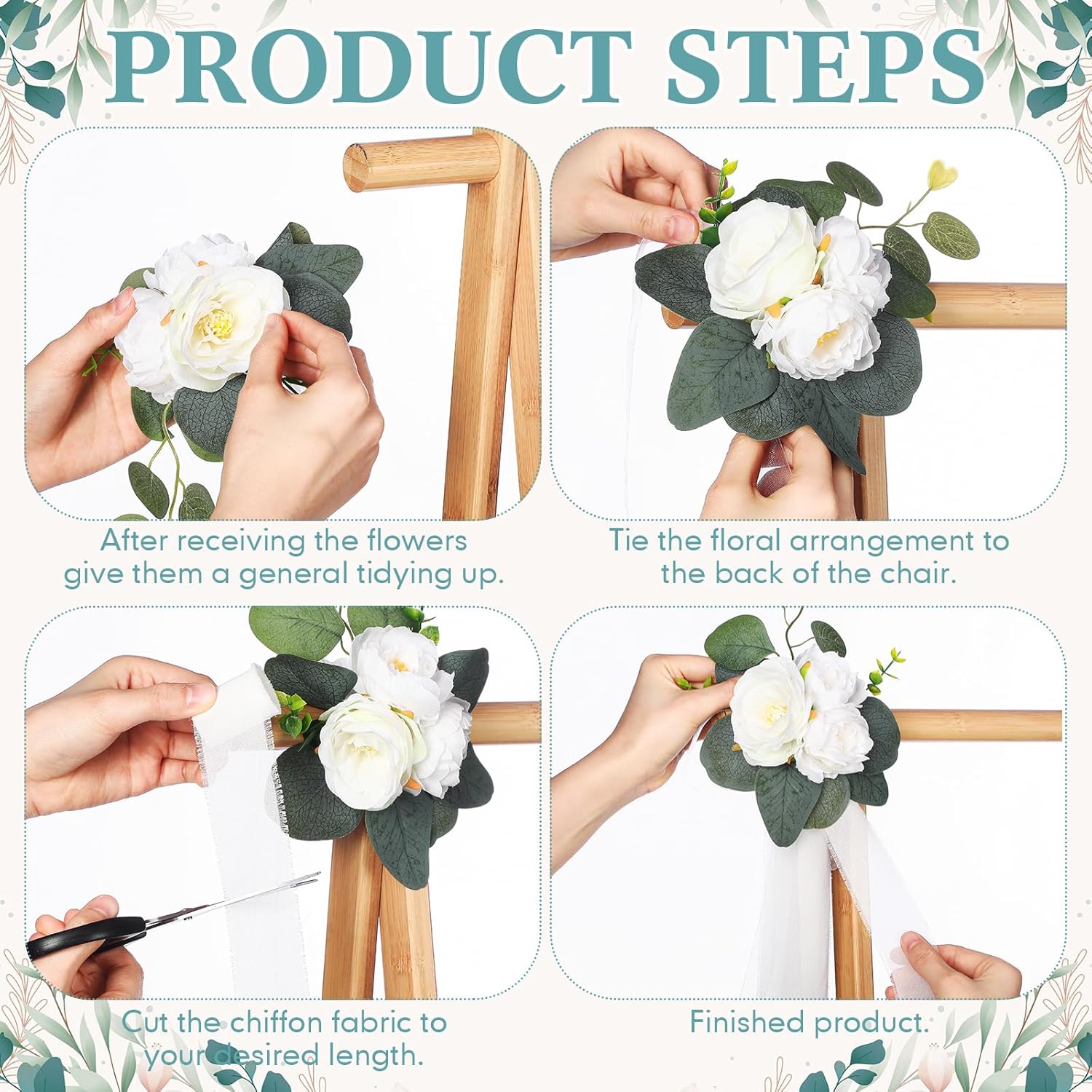 24 Sets Wedding Aisle Decorations For Wedding Ceremony Chair Artificial Roses And Eucalyptus Leaves With White Chiffon Ribbons For Reception Chair Arrangement Church Pew Flowers Decorations