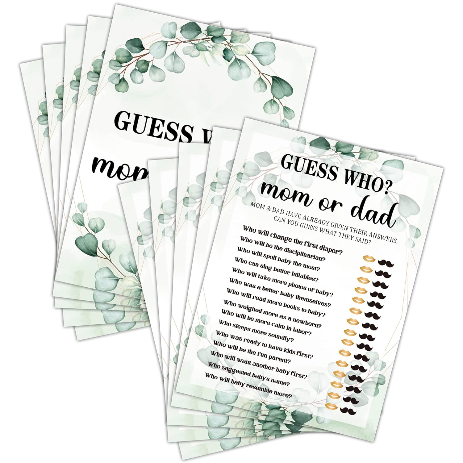 Baby Shower Game Set - Who Mom Or Dad Gender Reveal Party Decor Supply - Greenery Boho Botanical Baby Shower Games & Activities - Gold Foil Game Pack For Boys And Girls - 30 Game Cards(B04)