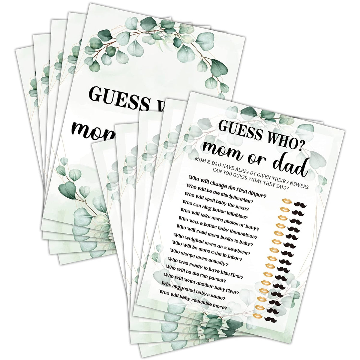 Baby Shower Game Set - Who Mom Or Dad Gender Reveal Party Decor Supply - Greenery Boho Botanical Baby Shower Games & Activities - Gold Foil Game Pack For Boys And Girls - 30 Game Cards(B04)