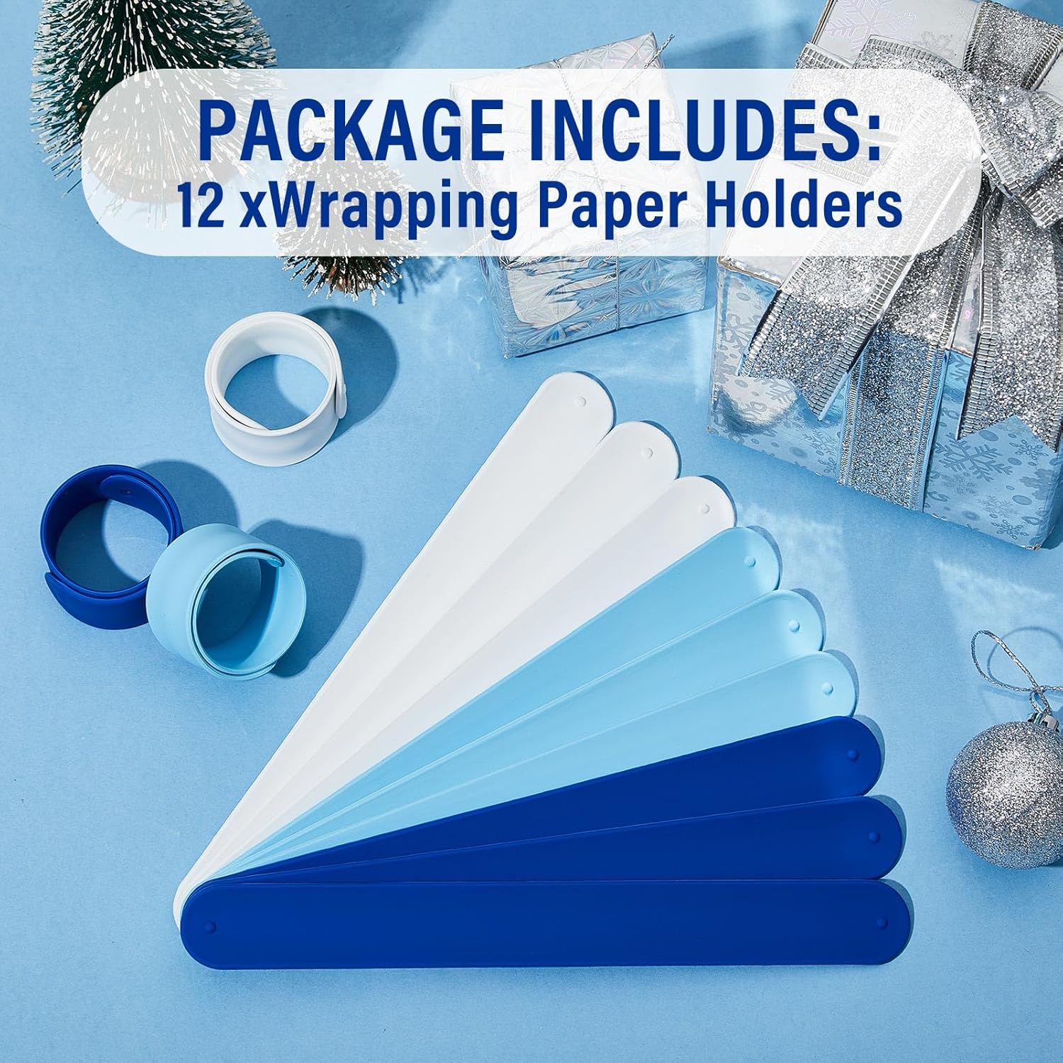 12 Pcs Wrapping Paper Roll Holder Clips Silicone Flip Wraps For Wrapping Paper Silicone Covered Metal Strips Bands For Christmas Holiday Storage Organization (Sky Blue, Dark Blue, White)