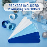 12 Pcs Wrapping Paper Roll Holder Clips Silicone Flip Wraps For Wrapping Paper Silicone Covered Metal Strips Bands For Christmas Holiday Storage Organization (Sky Blue, Dark Blue, White)