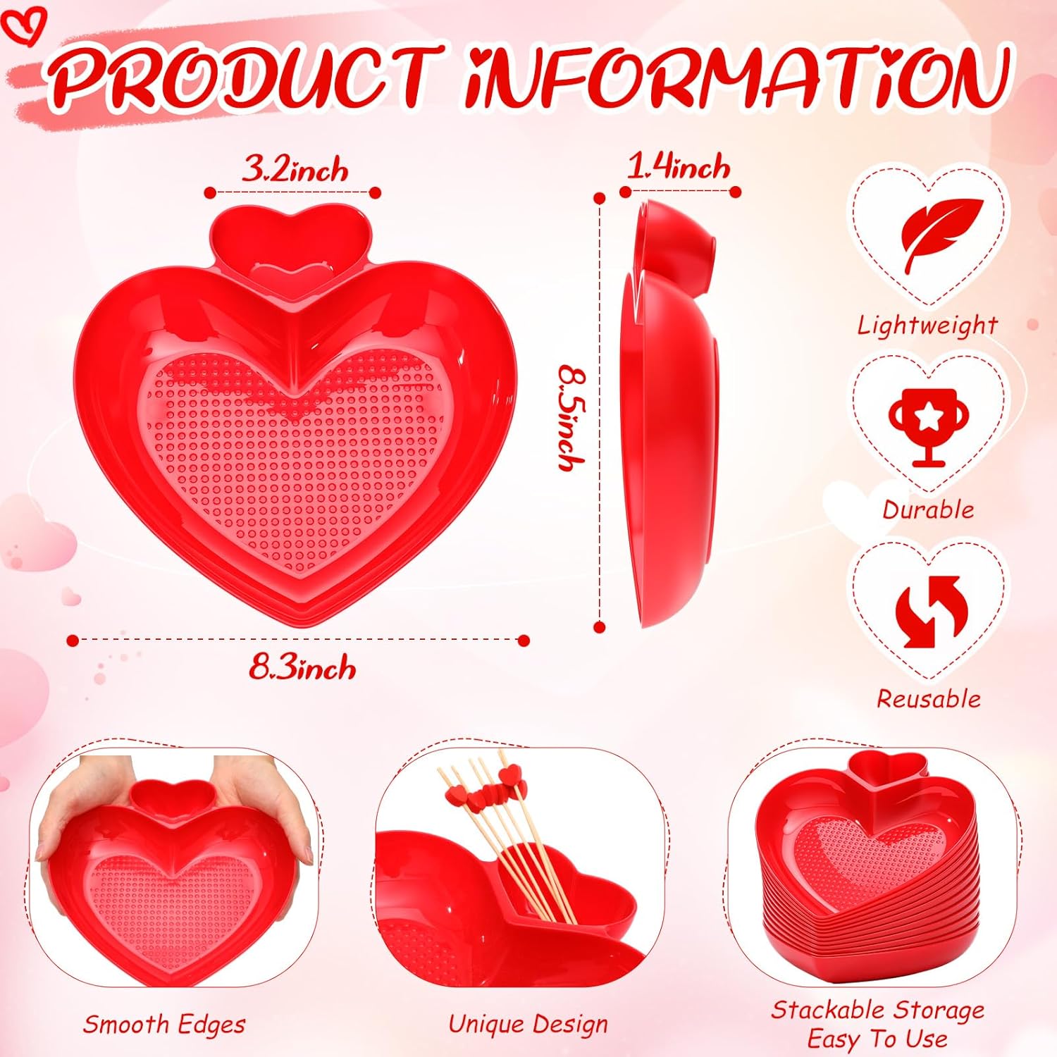 12 Pack Valentine'S Day Heart Shaped Bowls Bulk 8.3 Inch Red Plastic Bowls And 12 Cocktail Picks Heart Shaped Dessert Dishes Salad Plates For Dinner Valentine Party Supplies Table Decoration