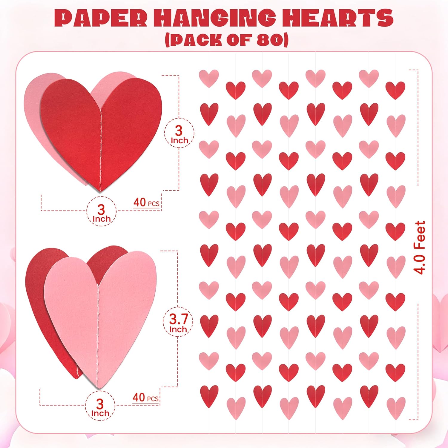 80 Red Pink Heart Garland - Valentines Love Heart Hanging Garlands, Heart Streamers Hanging For Galentines Valentine'S Day Decorations (No Diy)