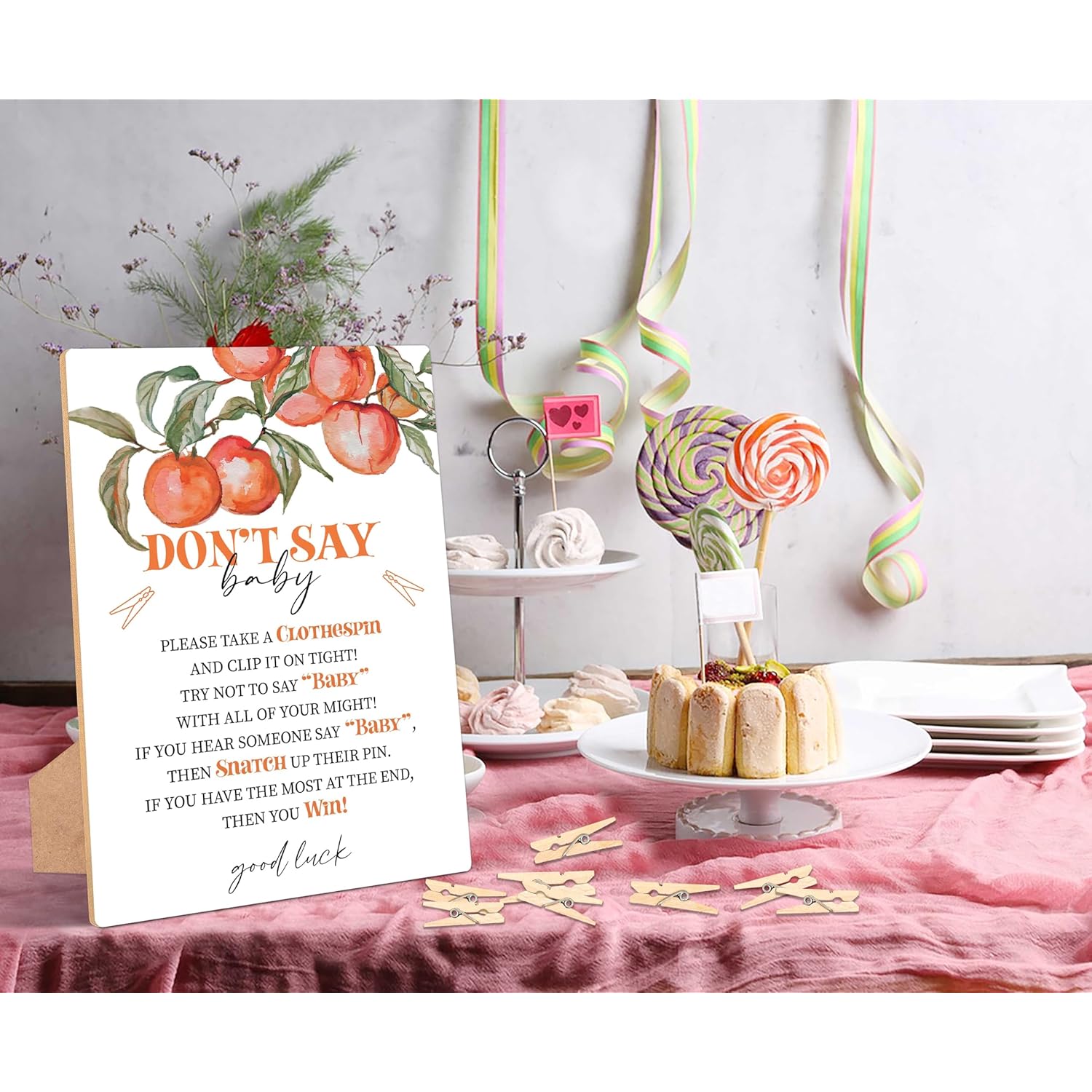 Peach Don'T Say Baby Clothespin Game, Pack Of 1 Wooden Tabletop Sign With Stand And 50 Mini Natural Clothespins, Sweet Peach Baby Shower Game, Gender Reveal Party Decorations - Qx15