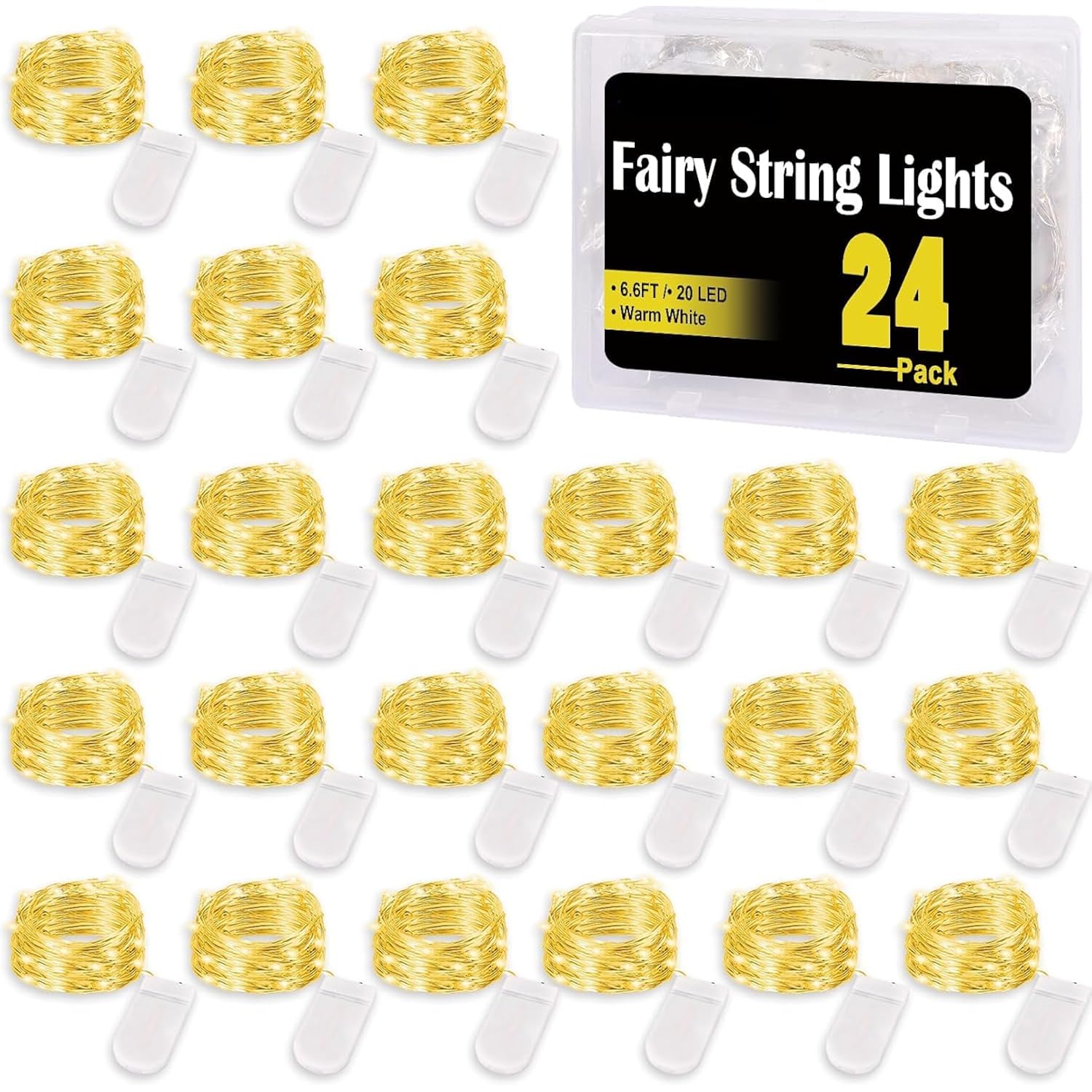24Pack Fairy Lights,Battery Operated String Light,6.6Ft 20 Led Mason Jar Lights,Waterproof Silver Wire Firefly Light,Min