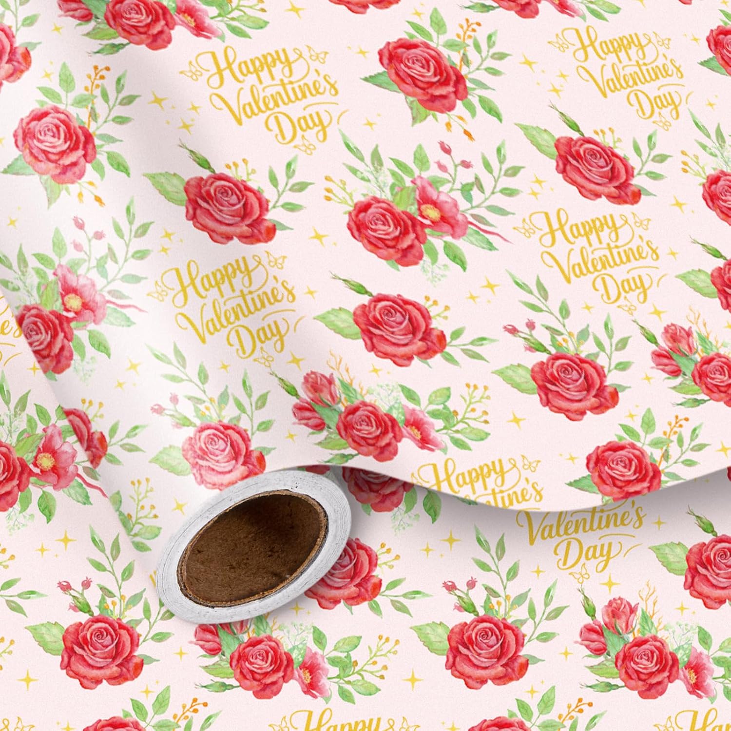 Valentines Wrapping Paper Roll, Pink With Red Rose & Gold “Happy Valentine’S Day” Lettering, Romantic Floral Gift Wrap For Wedding, Anniversary, Birthday, Party, Mini Roll 17In X 16.4 Ft