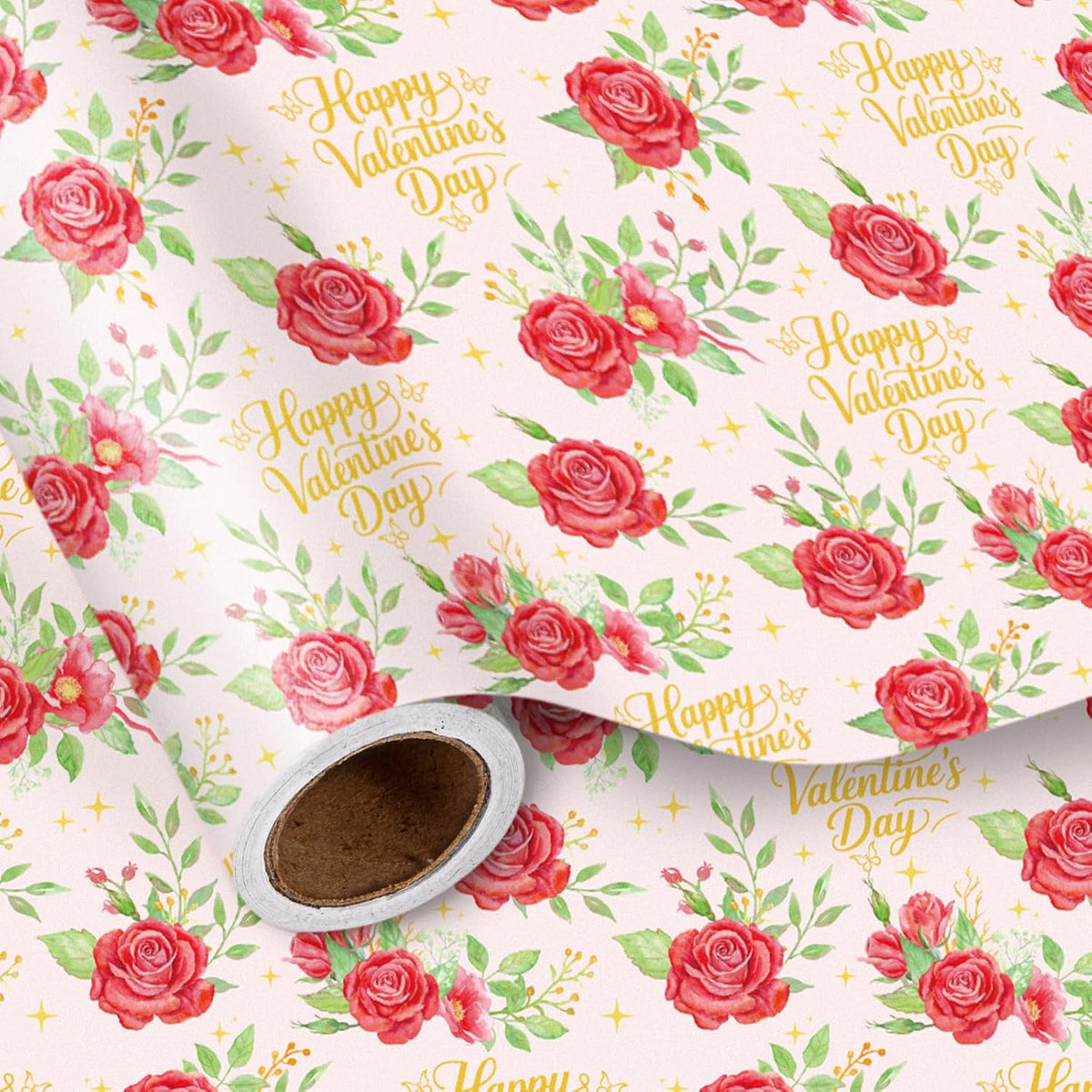 Valentines Wrapping Paper Roll, Pink With Red Rose & Gold “Happy Valentine’S Day” Lettering, Romantic Floral Gift Wrap For Wedding, Anniversary, Birthday, Party, Mini Roll 17In X 16.4 Ft